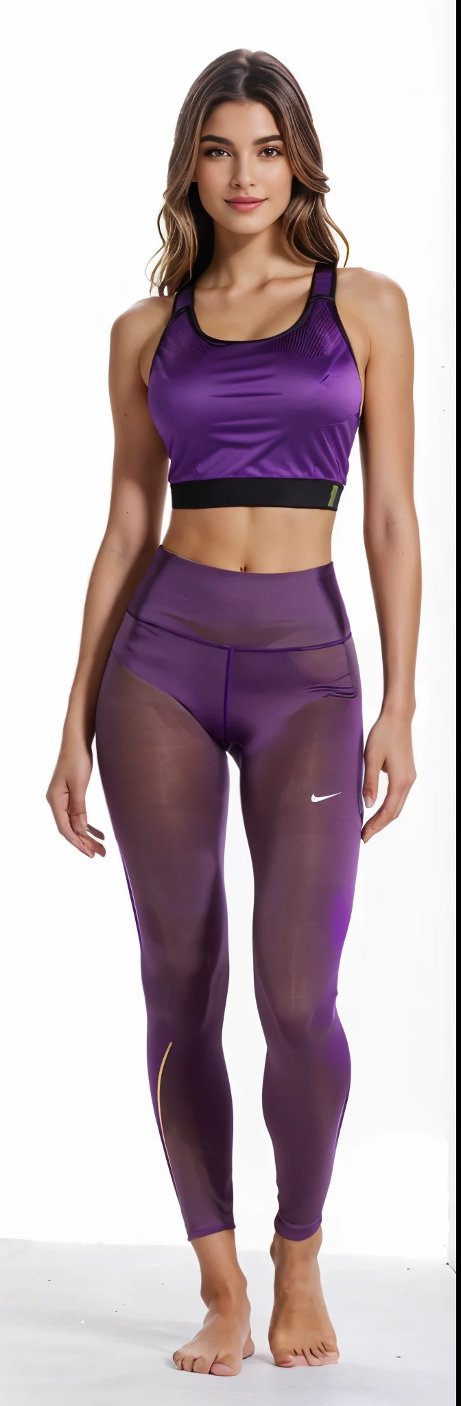a woman in purple sports bra top and perneiras, two piece workout clothes, perneiras, forma tonificada, perneiras, purple bridges with perneiras, cintura fina e quadris grossos, cottagecore!! corpo fitness, roupas esportivas, smooth body features, figura de ampulheta, figura esbelta de ampulheta, forma perfeita, roupas roxas, vestindo roupas simples e justas, roxo escuro, pantyhose