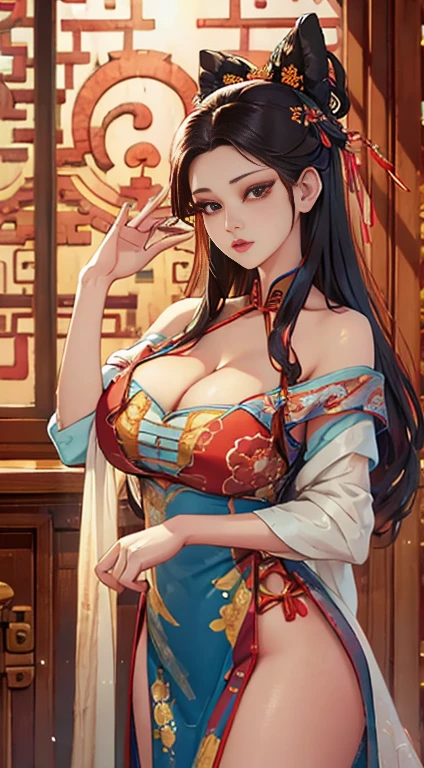 (from outside) (Shiny skin), many colors,best quality,masterpiece,realistic photos,Intricate details,RAW photos,court,Gorgeous cheongsam in many colorss,Extra-long hair,Off-shoulder,Delicate face,decorate,Stand next to the window,On cheongsam,Lace,scantily clad,decorate,Front view,Looking at the camera,Huge ((Large Breasts))(((Cleavage)))),华丽的decorate