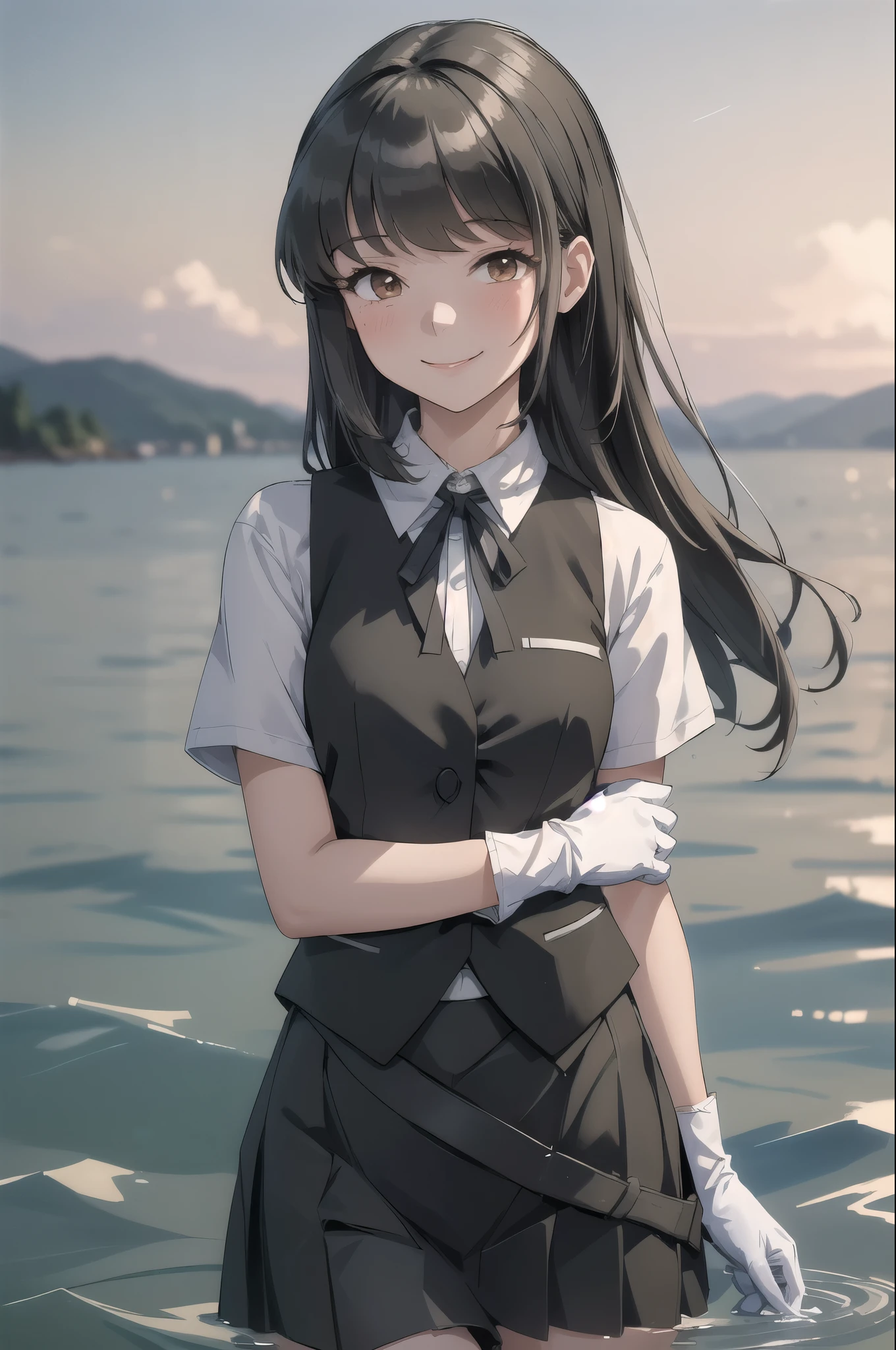 (masterpiece, highest quality:1.2), Cowboy Shot, alone, One girl, Hayashio, smile, View your viewers, Put your arms behind your back, Water Play, White shirt, Neck ribbon, Short sleeve, Black vest, Black Skirt, White gloves