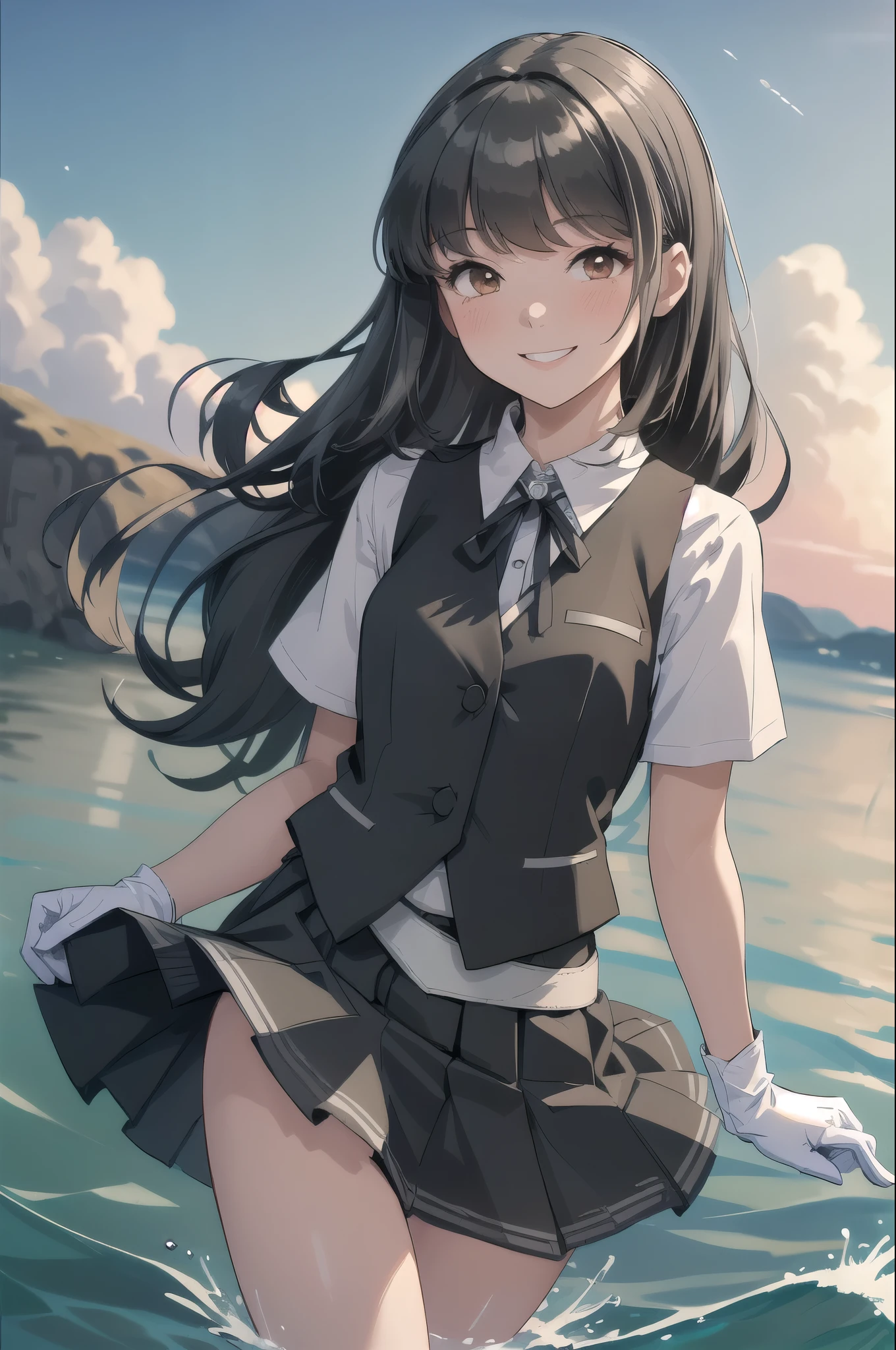 (masterpiece, highest quality:1.2), Cowboy Shot, alone, One girl, Hayashio, smile, View your viewers, Put your arms behind your back, Water Play, White shirt, Neck ribbon, Short sleeve, Black vest, Black Skirt, White gloves