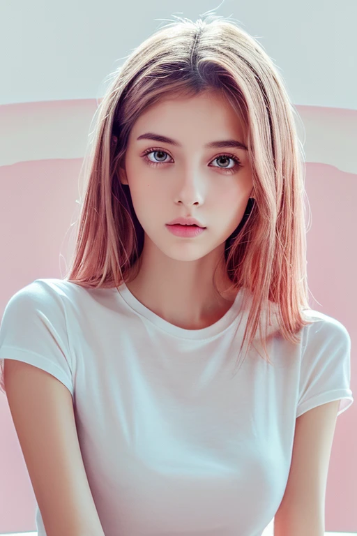 (Table Top), (Best Quality: 1.1), (Very Detailed), Best Illustration, Finely Detailed, (Portrait: 1.1), (Intense Upper Body), Floating, One Girl, Alone, 23 Talented, slim, (very delicate and beautiful face), (beautiful eyes in detail), pink thick lips, (messy hair), (wearing a loose white T-shirt), soft and lazy, (simple Background: 1.2) Entire background color, clear, 4K