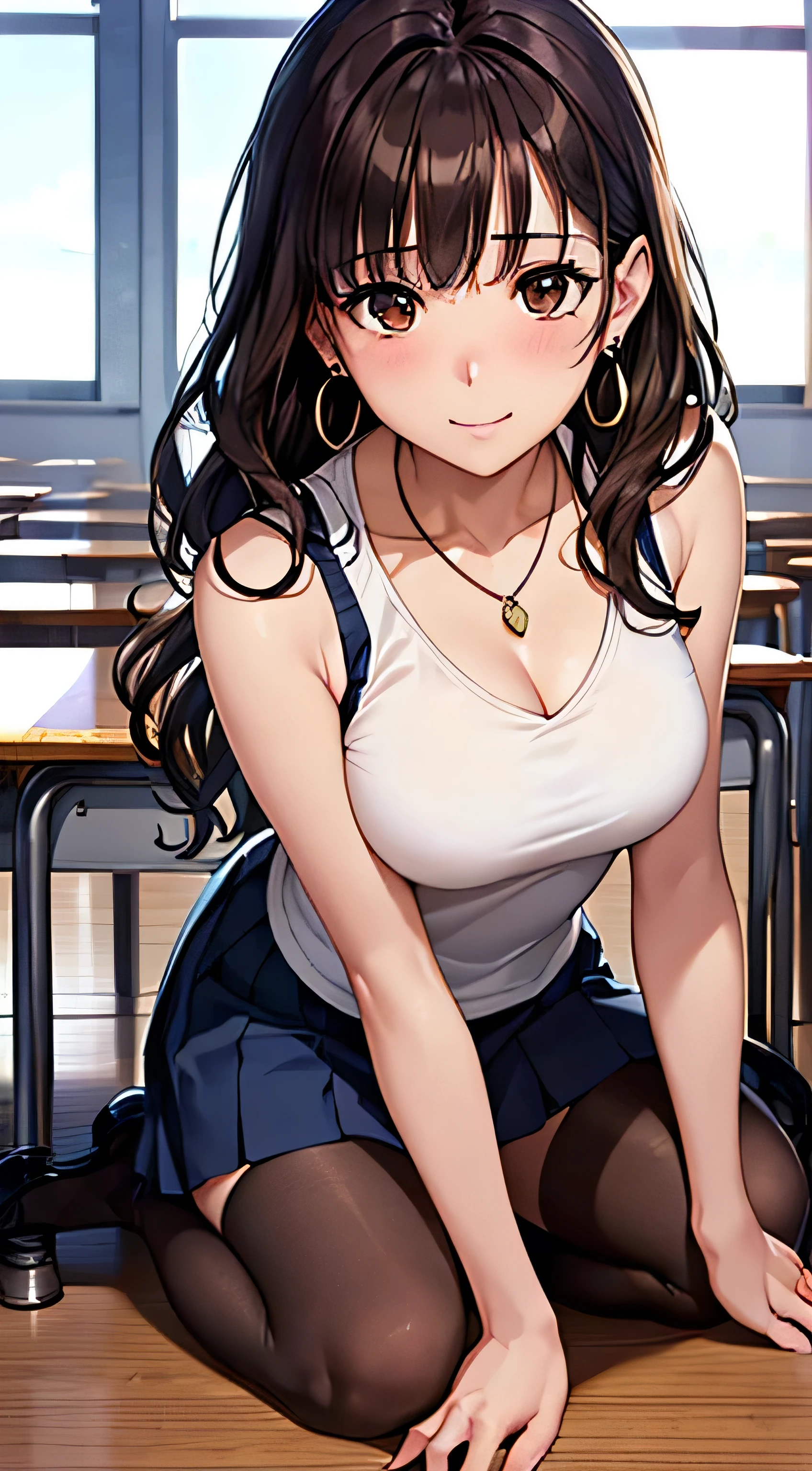 (Tabletop, highest quality, High resolution, , Perfect Pixel, 4K,), 1 girl, single, alone, Beautiful woman、I could see the whole body、 ((Wavy mid-length hair, bangs, Brown Hair)), ((Brown eyes, Beautiful eyelashes, Realistic eyes)), ((Detailed face, blush:1.2)), ((Smooth texture:0.75, Realistic texture:0.65, Realistic:1.1, Anime CG Style)), Medium Chest, Dynamic Angle, Perfect body, female teacher、((, White sleeveless top、Dark Blue Long Pleated Skirt、Black Stockings、Cute Necklace、Earrings、)), look up、A shy smile、Accentuate your breasts、Put your hands behind your back and stick out your chest、)、Angle from below、classroom、Sitting on the floor、、