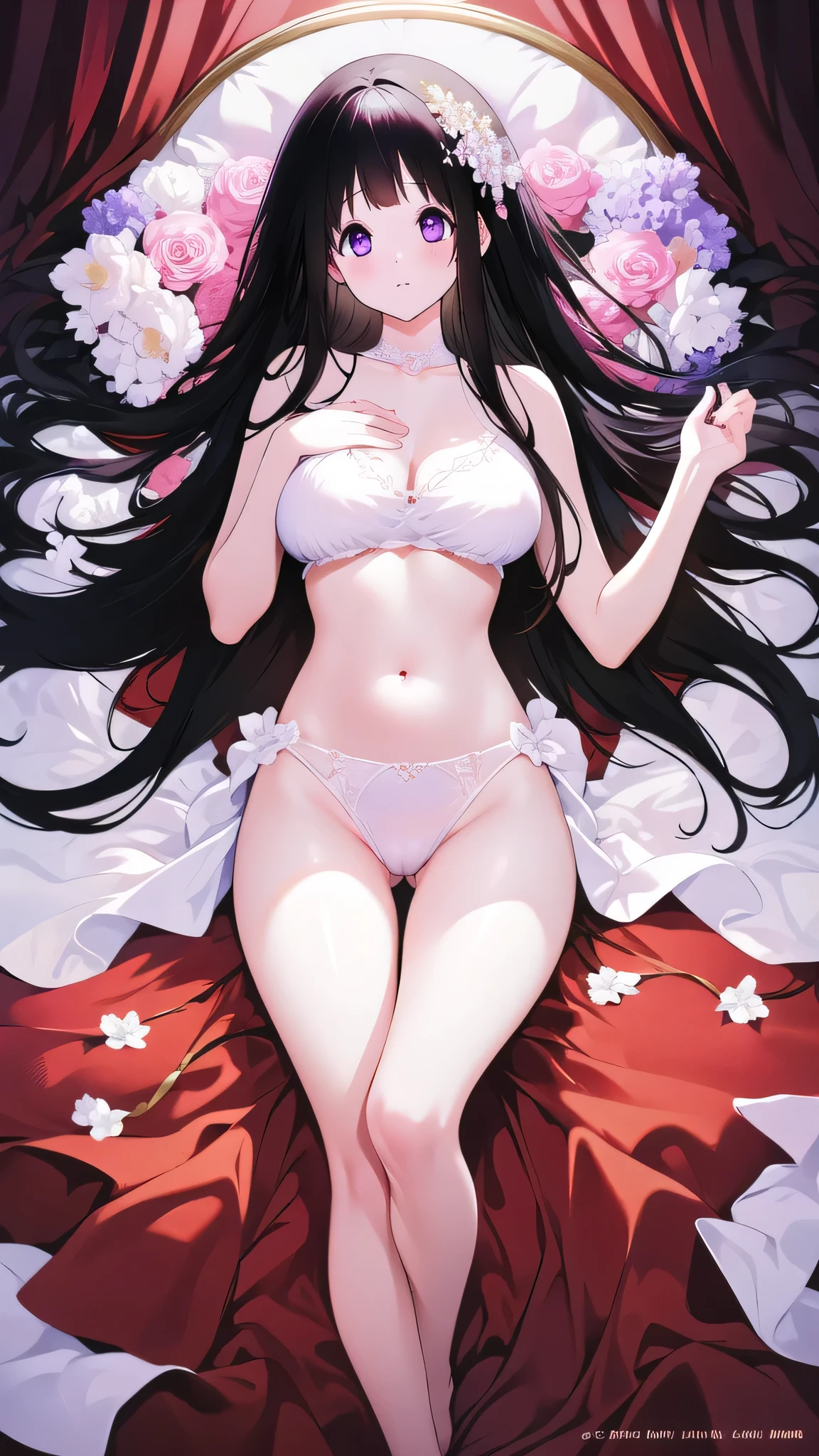 Beautiful Chitanda,There is only one beautiful girl,Purple Eyes, Black Hair, Natural straight hair, Straight bangs,Extremely refined,open your lips,Face is so red,Very white skin,Skin as delicate as porcelain,Glowing skin,big eyes,Flowing long hair,beautiful girl, Like a dream,Slim,Slim waist,Soft, (Sensual), (Kawaii), Dream quality,Lying at home,Completely naked,Legs clamp hands,Deep V neckline,The neckline is very loose,Flowers cover key parts,Beautiful big breasts,no pants,No pants,Delicate clavicle,Delicate hands and feet,Bare neck,Bare thighs,Exposing the groin,Camel toe,Show your belly button,extremely shy,Ultra-high resolution, (masterpiece:1.2, best quality), (Delicate and beautiful eyes: 1.2), (Beautiful and delicate face)