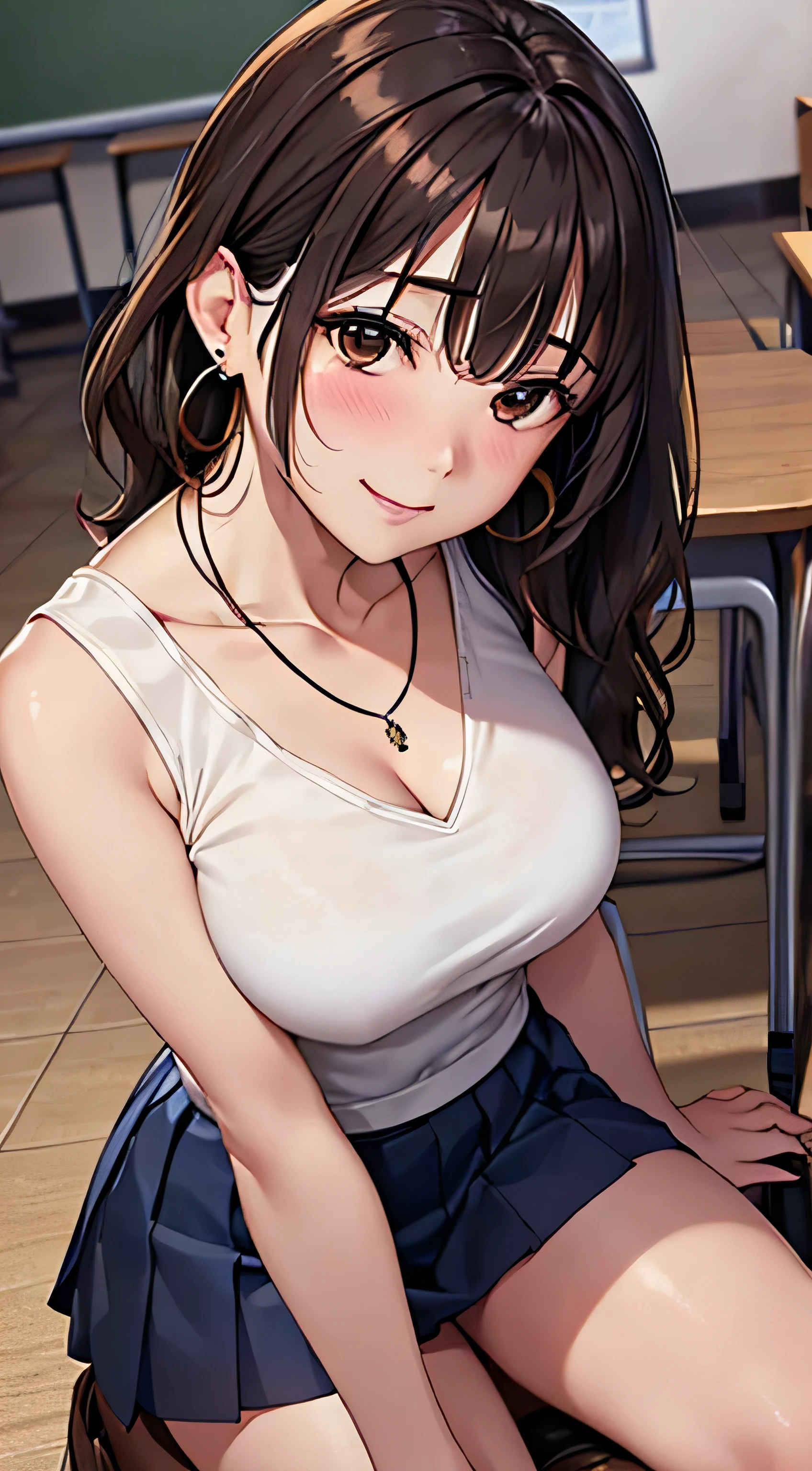 (Tabletop, highest quality, High resolution, , Perfect Pixel, 4K,), 1 girl, single, alone, Beautiful woman、I could see the whole body、 ((Wavy mid-length hair, bangs, Brown Hair)), ((Brown eyes, Beautiful eyelashes, Realistic eyes)), ((Detailed face, blush:1.2)), ((Smooth texture:0.75, Realistic texture:0.65, Realistic:1.1, Anime CG Style)), Medium Chest, Dynamic Angle, Perfect body, female teacher、((, White sleeveless top、Dark Blue Long Pleated Skirt、Black Stockings、Cute Necklace、Earrings、)), look up、A shy smile、Accentuate your breasts、Put your hands behind your back and stick out your chest、)、Angle from below、classroom、Sitting on the floor、、