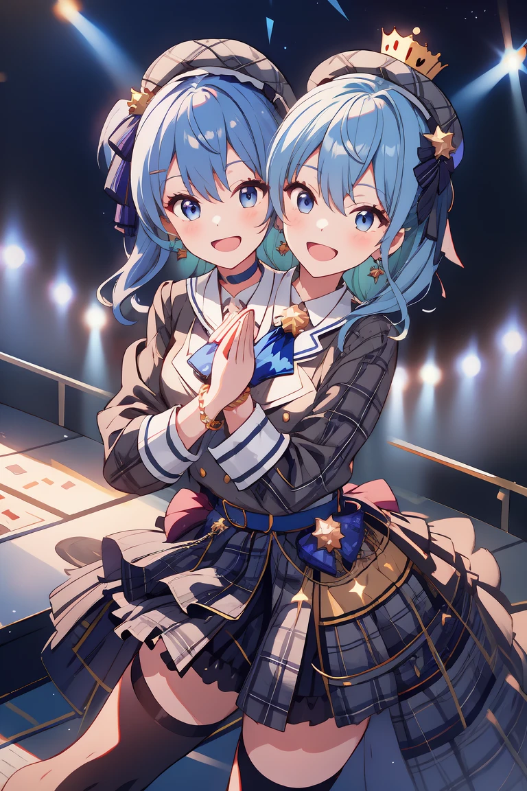 (masterpiece, best quality), best resolution, 16k, (2heads:1.5), dynamic angle, 1girl, HoshimachiSuisei, side ponytail, blue hair ribbon, SuiseiBase, plaid beret, crown, blue star choker, star earrings, blue ascot, plaid jacket, plaid skirt, layered skirt, partially fingerless gloves, star bracelet, uneven legwear, thigh strap, standing, cheek to cheek, (own hands together, praying hangs), smile, open mouth, singing, look at viewer, happy, stable, concert stage, starfield, spotlight