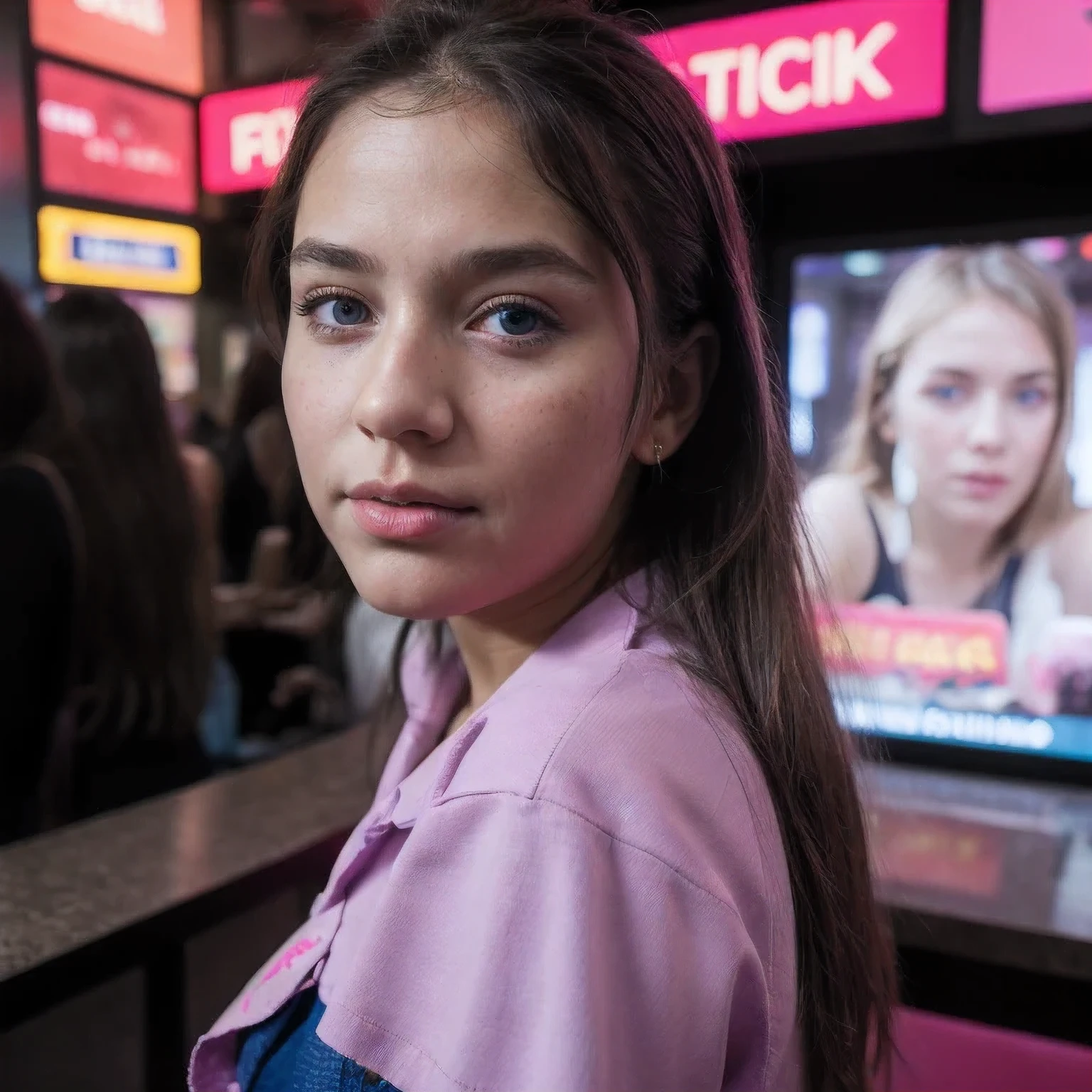 photo of a schoolgirl,, in Purple Pink, futuristic cotton and linen, (freckles:0.8) cute face, sci-fi, dystopian, detailed eyes, cobalt blue eyes((Side view))Disco bar