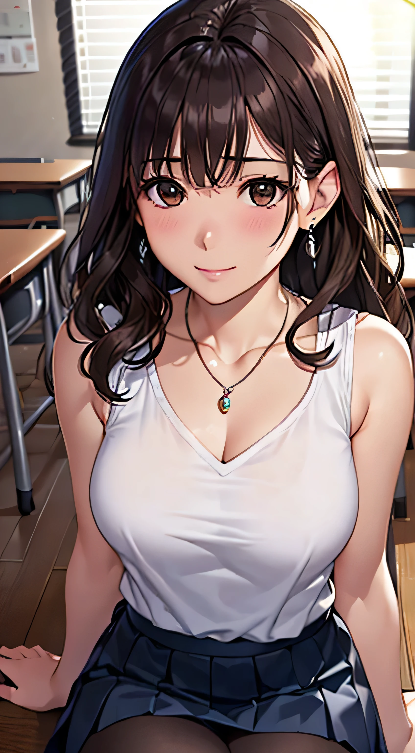 (Tabletop, highest quality, High resolution, , Perfect Pixel, 4K,), 1 girl, single, alone, Beautiful woman、I could see the whole body、 ((Wavy mid-length hair, bangs, Brown Hair)), ((Brown eyes, Beautiful eyelashes, Realistic eyes)), ((Detailed face, blush:1.2)), ((Smooth texture:0.75, Realistic texture:0.65, Realistic:1.1, Anime CG Style)), Medium Chest, Dynamic Angle, Perfect body, female teacher、((, White sleeveless top、Dark Blue Long Pleated Skirt、Black Stockings、Cute Necklace、Earrings、)), look up、A shy smile、Accentuate your breasts、Put your hands behind your back and stick out your chest、)、Angle from below、classroom、Sitting on the floor、、