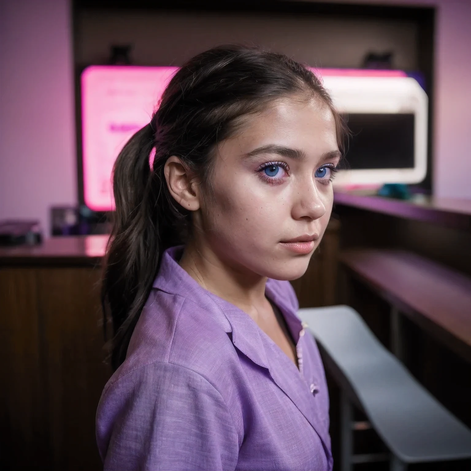 photo of a schoolgirl,8 years old, in Purple Pink, futuristic cotton and linen, (freckles:0.8) cute face, sci-fi, dystopian, detailed eyes, cobalt blue eyes((Side view))Disco bar
