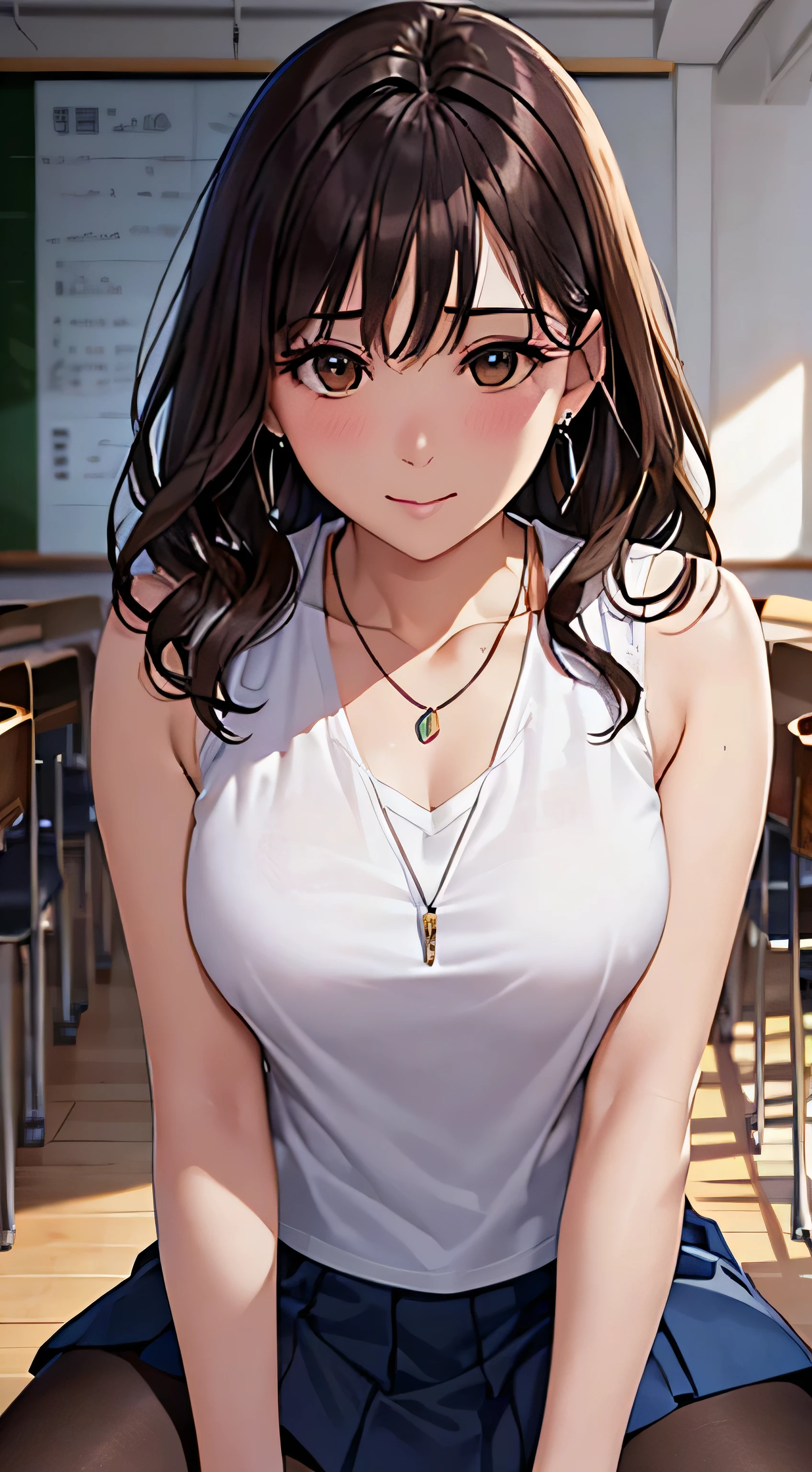 (Tabletop, highest quality, High resolution, , Perfect Pixel, 4K,), 1 girl, single, alone, Beautiful woman、I could see the whole body、 ((Wavy mid-length hair, bangs, Brown Hair)), ((Brown eyes, Beautiful eyelashes, Realistic eyes)), ((Detailed face, blush:1.2)), ((Smooth texture:0.75, Realistic texture:0.65, Realistic:1.1, Anime CG Style)), Medium Chest, Dynamic Angle, Perfect body, female teacher、((, White sleeveless top、Dark Blue Long Pleated Skirt、Black Stockings、Cute Necklace、Earrings、)), look up、A shy smile、Accentuate your breasts、Put your hands behind your back and stick out your chest、)、Angle from below、classroom、Sitting on the floor、、