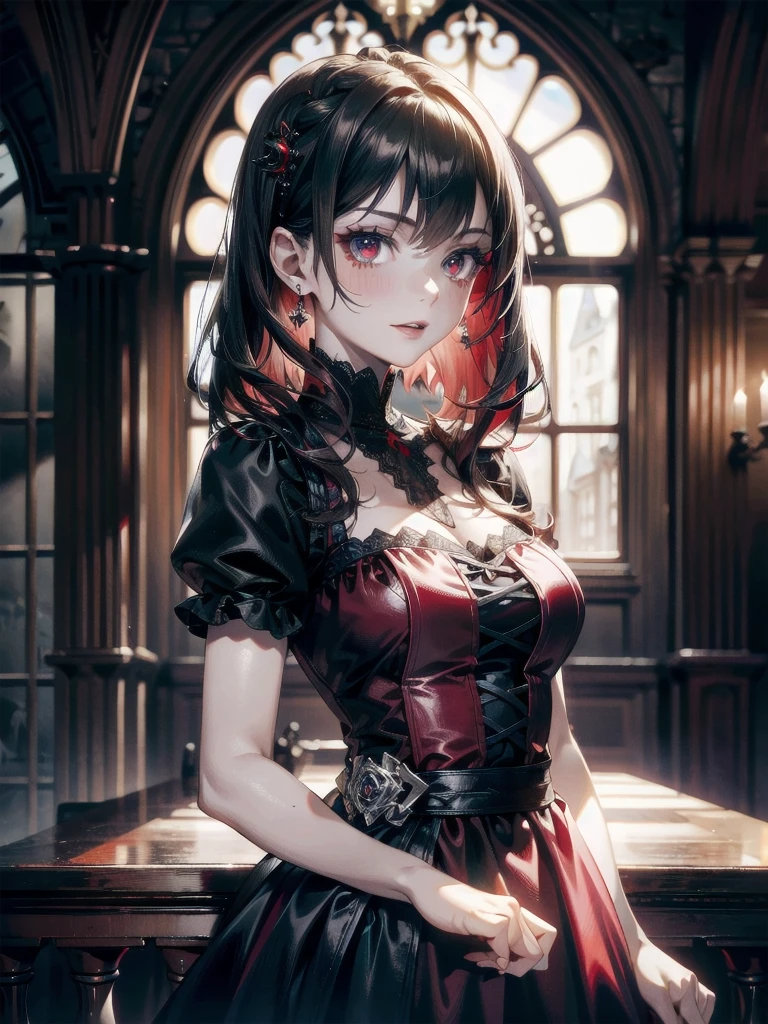 (Highest quality), (masterpiece), (High resolution), (Intricate details:0.2),(Professional Lighting), room, Detailed Background, Red enamel bondage, , (Previous View), One girl, alone, (Beautiful Face:1.40), Fine skin, smile, Brown hair with long ponytail, Grey Eyes, (Triangle Trojan:1.10), View the viewer,