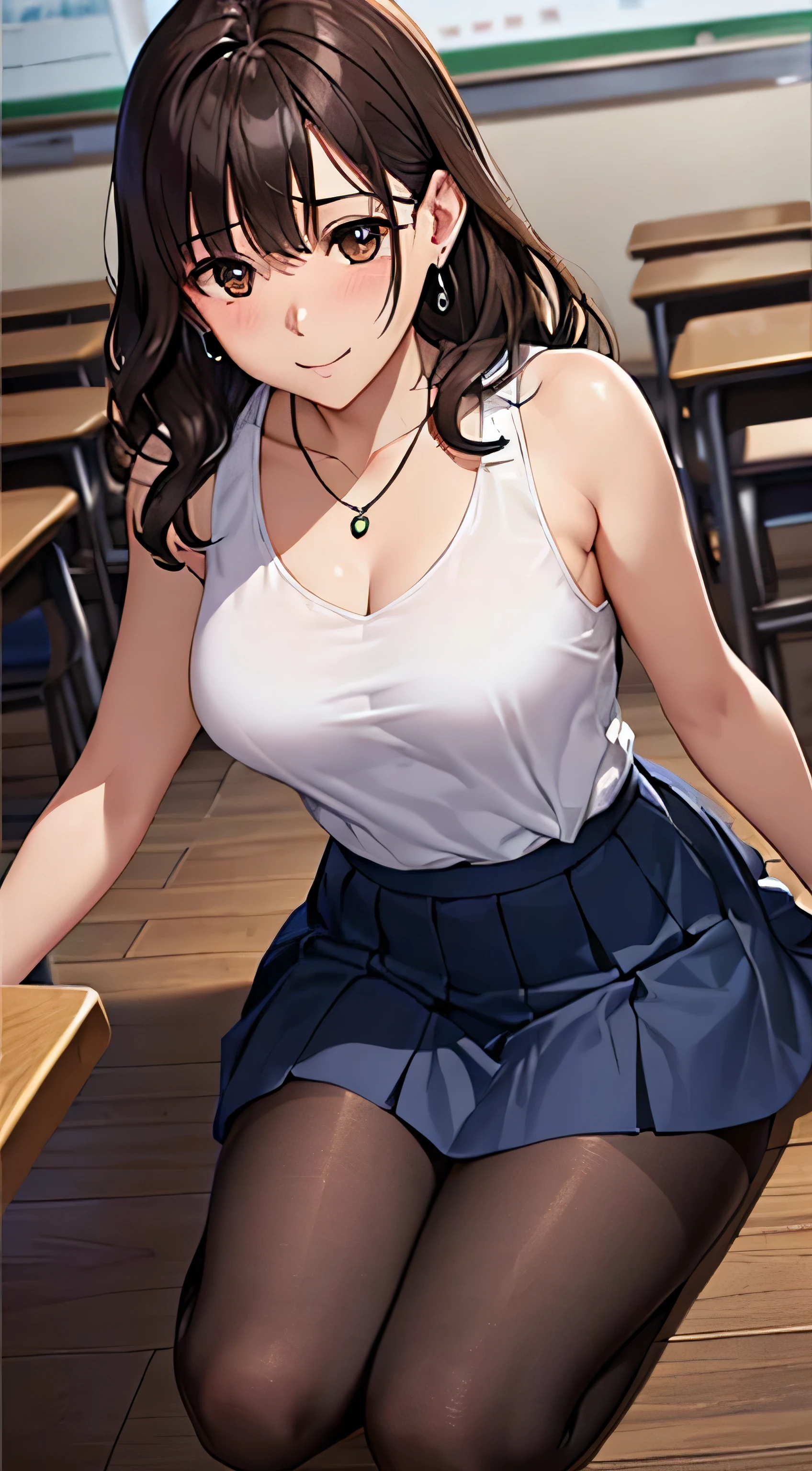 (Tabletop, highest quality, High resolution, , Perfect Pixel, 4K,), 1 girl, single, alone, Beautiful woman、I could see the whole body、 ((Wavy mid-length hair, bangs, Brown Hair)), ((Brown eyes, Beautiful eyelashes, Realistic eyes)), ((Detailed face, blush:1.2)), ((Smooth texture:0.75, Realistic texture:0.65, Realistic:1.1, Anime CG Style)), Medium Chest, Dynamic Angle, Perfect body, female teacher、((, White sleeveless top、Dark Blue Long Pleated Skirt、Black Stockings、Cute Necklace、Earrings、)), look up、A shy smile、Accentuate your breasts、Put your hands behind your back and stick out your chest、)、Angle from below、classroom、Sitting on the floor、、