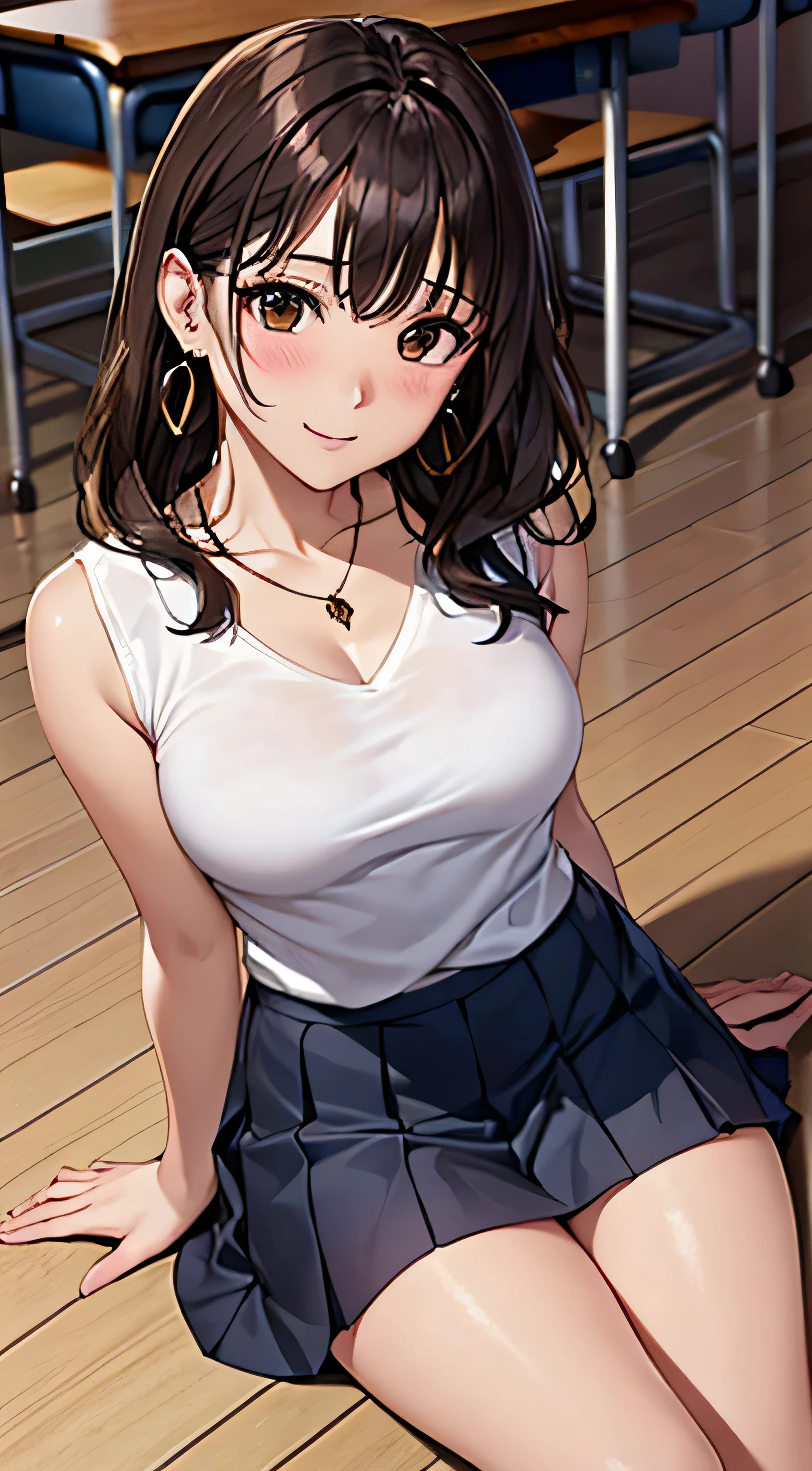 (Tabletop, highest quality, High resolution, , Perfect Pixel, 4K,), 1 girl, single, alone, Beautiful woman、I could see the whole body、 ((Wavy mid-length hair, bangs, Brown Hair)), ((Brown eyes, Beautiful eyelashes, Realistic eyes)), ((Detailed face, blush:1.2)), ((Smooth texture:0.75, Realistic texture:0.65, Realistic:1.1, Anime CG Style)), Medium Chest, Dynamic Angle, Perfect body, female teacher、((, White sleeveless top、Dark Blue Long Pleated Skirt、Black Stockings、Cute Necklace、Earrings、)), look up、A shy smile、Accentuate your breasts、Put your hands behind your back and stick out your chest、)、Angle from below、classroom、Sitting on the floor、、