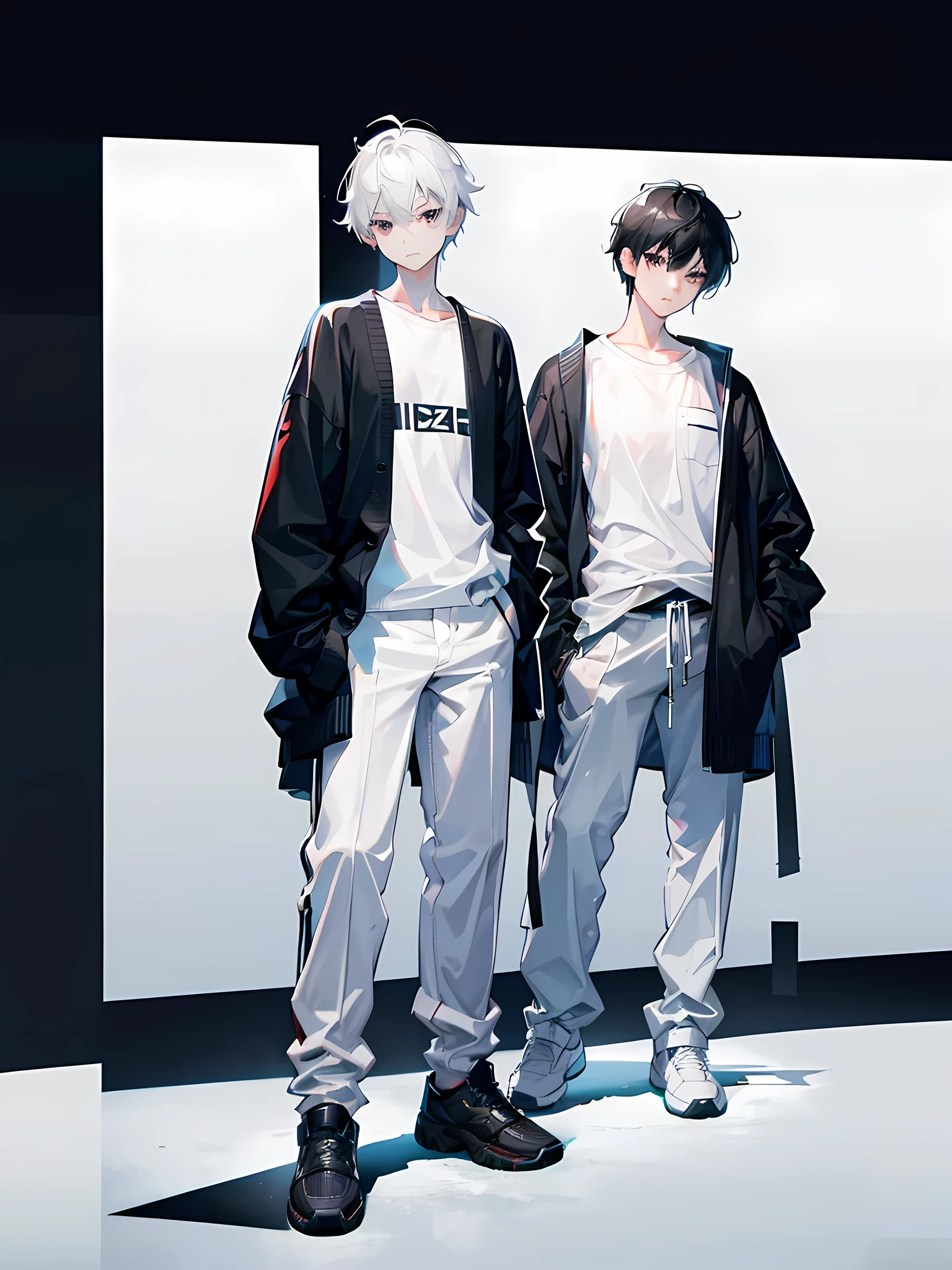 1  boy, black short hair, wearing school cardigan with white T-shirt on, baggy pants, Live2D Model, Live2D, VTube Model, high res, ultrasharp, 8k, standing still, full body, black streetwear boots, hands down, standing still (idle standing), stand up straight, white background.