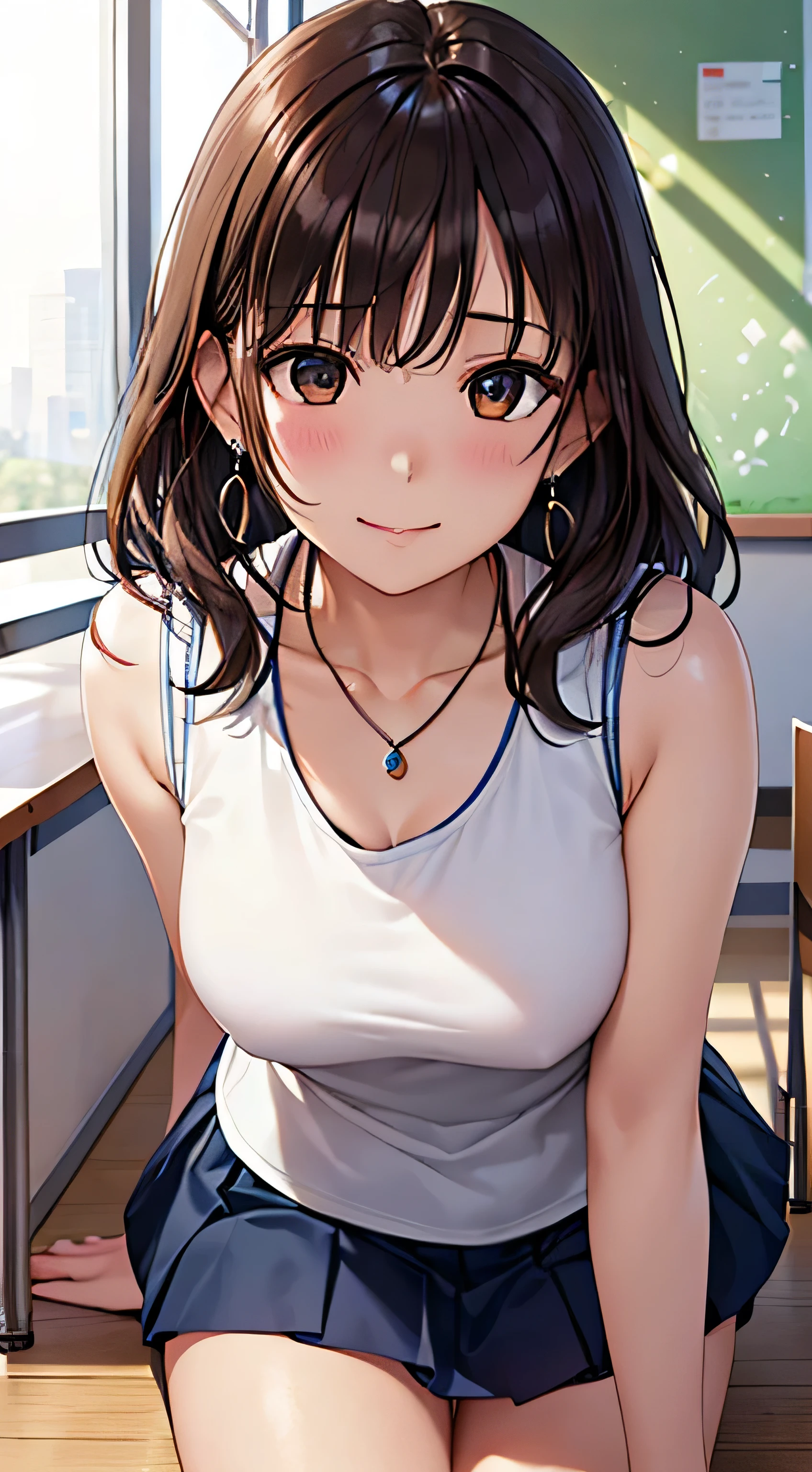(Tabletop, highest quality, High resolution, , Perfect Pixel, 4K,), 1 girl, single, alone, Beautiful woman、I could see the whole body、 ((Wavy mid-length hair, bangs, Brown Hair)), ((Brown eyes, Beautiful eyelashes, Realistic eyes)), ((Detailed face, blush:1.2)), ((Smooth texture:0.75, Realistic texture:0.65, Realistic:1.1, Anime CG Style)), Medium Chest, Dynamic Angle, Perfect body, female teacher、((, White sleeveless top、Dark Blue Long Pleated Skirt、Black Stockings、Cute Necklace、Earrings、)), look up、A shy smile、Accentuate your breasts、Put your hands behind your back and stick out your chest、)、Angle from below、classroom、Sitting on the floor、、