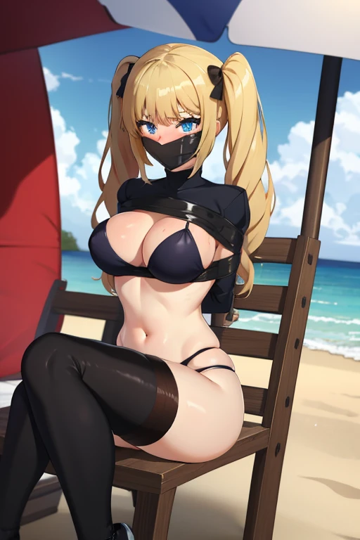 1 girl, blue detailed eyes, Long blonde hair, twintails with white bows, body long hair, hochgesteckte Haare, improvisierter Knebel, Klebebandknebel, GEKNEBELT, Klebeband, festgebunden, Arms behind the back, gefesselte Arme, schwarzer Bikini, schwarze Strumpfhose, blushing, Tape gag, sitting, beach in the background, big , sitting on a beach chair