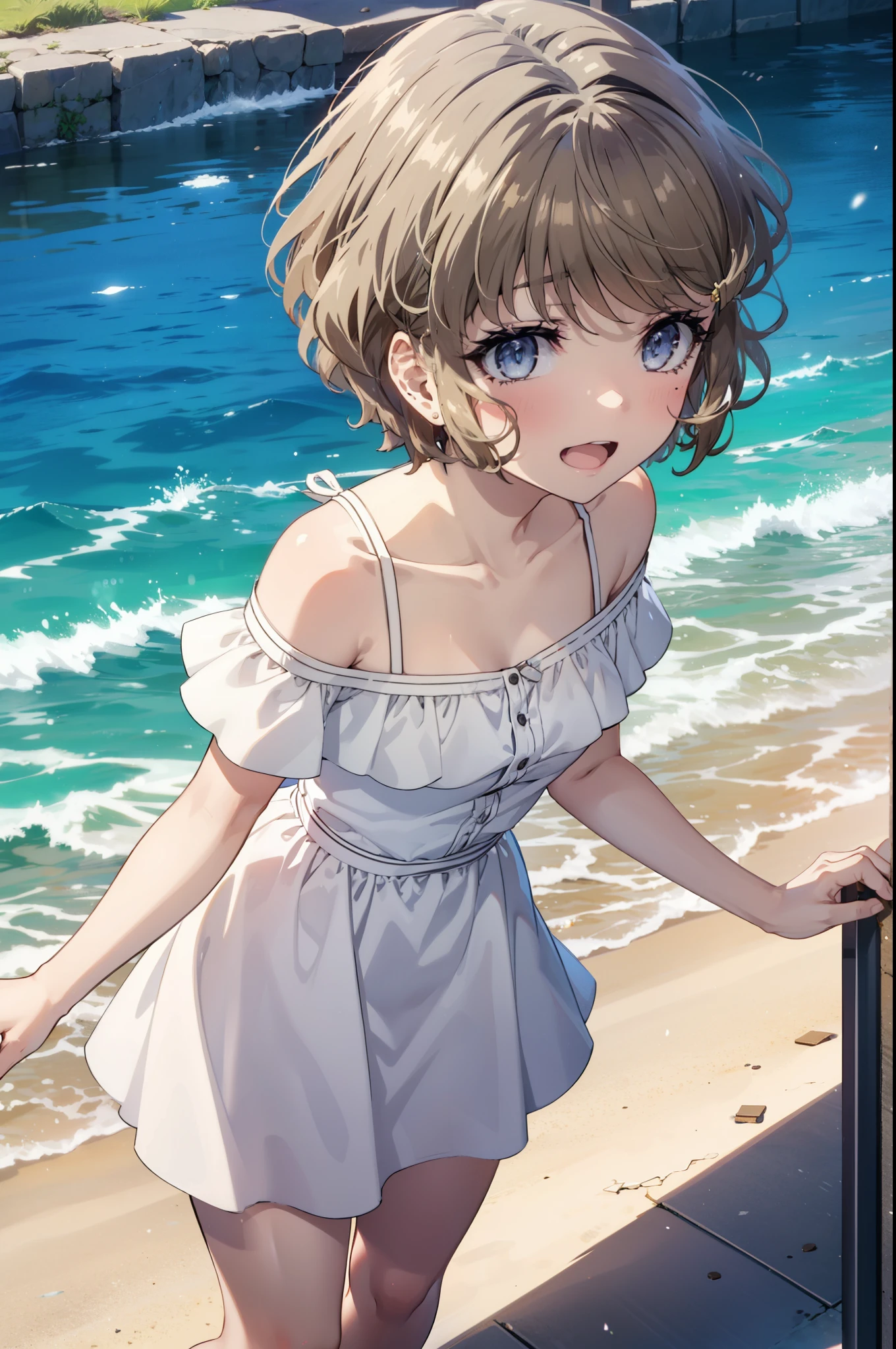 tomoekoga, Chie Koga, short hair, Brown Hair, blue eyes, happy smile, smile, Open your mouth,White hat,Off-the-shoulder dress,bare clavicle,Bare shoulders,Bare neck,Long skirt,Cute heeled sandals,Real Summer,Daytime,sunny,whole bodyがイラストに入るように,crowd, people々々々
break outdoors, city,Coastal Road,
break looking at viewer, whole body, 
break (masterpiece:1.2), highest quality, High resolution, unity 8k wallpaper, (shape:0.8), (Beautiful details:1.6), Highly detailed face, Perfect lighting, Extremely detailed CG, (Perfect hands, Perfect Anatomy),