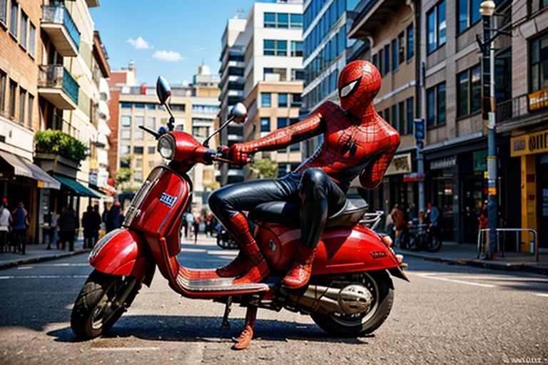 Spiderman is riding a Vespa motorbike, in the city, laughing, highly detail, 4K