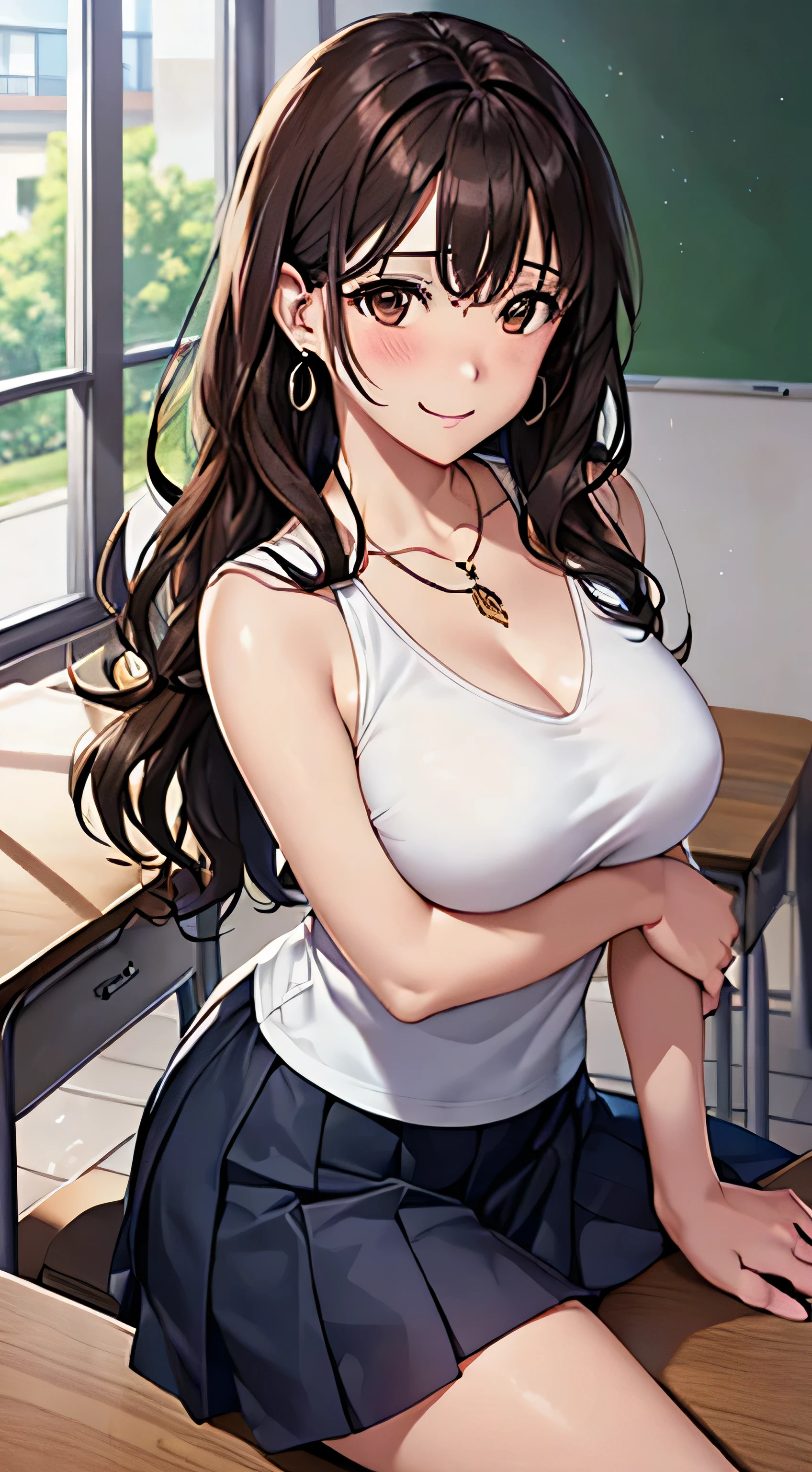 (Tabletop, highest quality, High resolution, , Perfect Pixel, 4K,), 1 girl, single, alone, Beautiful woman、I could see the whole body、 ((Wavy mid-length hair, bangs, Brown Hair)), ((Brown eyes, Beautiful eyelashes, Realistic eyes)), ((Detailed face, blush:1.2)), ((Smooth texture:0.75, Realistic texture:0.65, Realistic:1.1, Anime CG Style)), Medium Chest, Dynamic Angle, Perfect body, female teacher、((, White sleeveless top、Dark Blue Long Pleated Skirt、Black Stockings、Cute Necklace、Earrings、)), look up、A shy smile、Accentuate your breasts、Put your hands behind your back and stick out your chest、)、Angle from below、classroom、Sitting on the floor、、