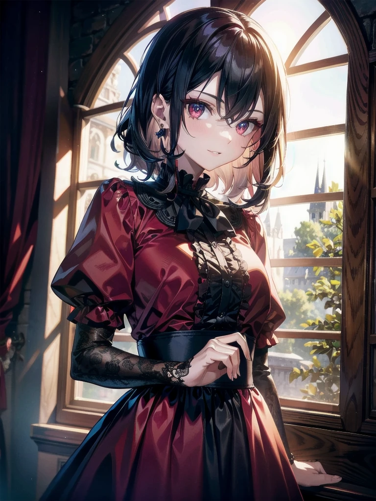whole body, Gothic red dress, vampire, (in castle), creepy smile, absurdres, RAW photo, extremely delicate and beautiful, masterpiece, Best Quality, ultra high resolution, 32k, hyperrealistic, ultra-detailed, detailed description, pale skin, 20 years old, detailed beautiful face and eyes, tearful mole, earring, Colossal tits, short medium hair, wavy hair,