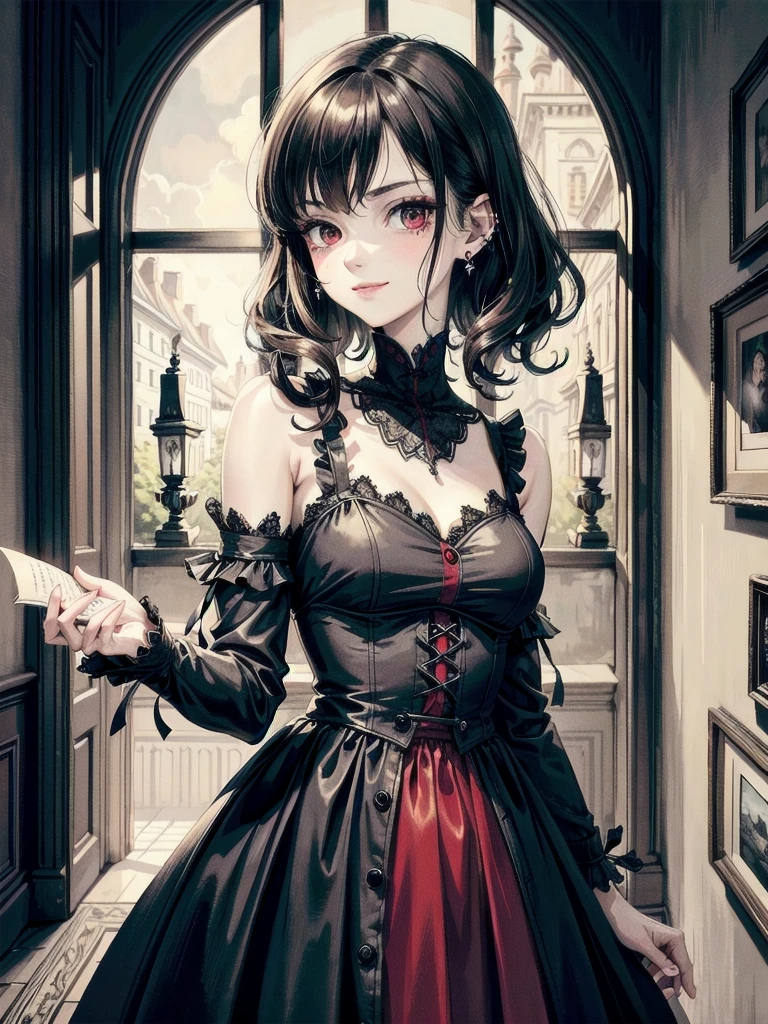 whole body, Gothic red dress, vampire, (in castle), creepy smile, absurdres, RAW photo, extremely delicate and beautiful, masterpiece, Best Quality, ultra high resolution, 32k, hyperrealistic, ultra-detailed, detailed description, pale skin, 20 years old, detailed beautiful face and eyes, tearful mole, earring, Colossal tits, short medium hair, wavy hair,