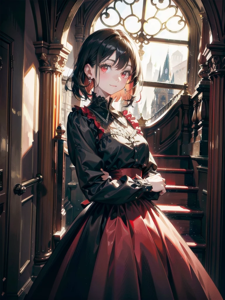 whole body, Gothic red dress, vampire, (in castle), creepy smile, absurdres, RAW photo, extremely delicate and beautiful, masterpiece, Best Quality, ultra high resolution, 32k, hyperrealistic, ultra-detailed, detailed description, pale skin, 20 years old, detailed beautiful face and eyes, tearful mole, earring, Colossal tits, short medium hair, wavy hair,　