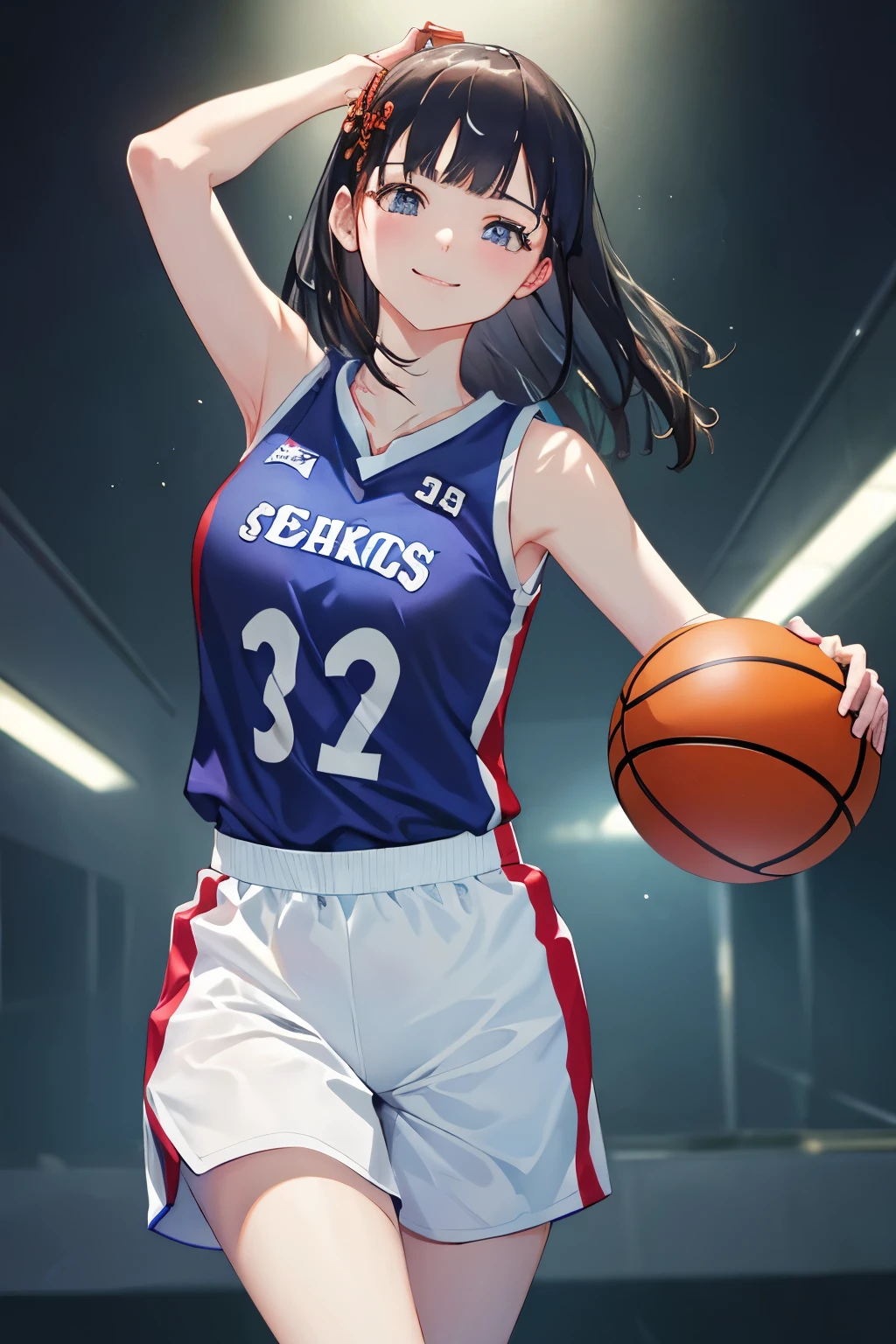 (8k, RAW photo, best quality, masterpiece:1.2)、Beautiful fine details, Highly detailed face, , ,、smile、((basketball uniform))、(up arms)、Tank top、Her underwear is visible、cowboy shot