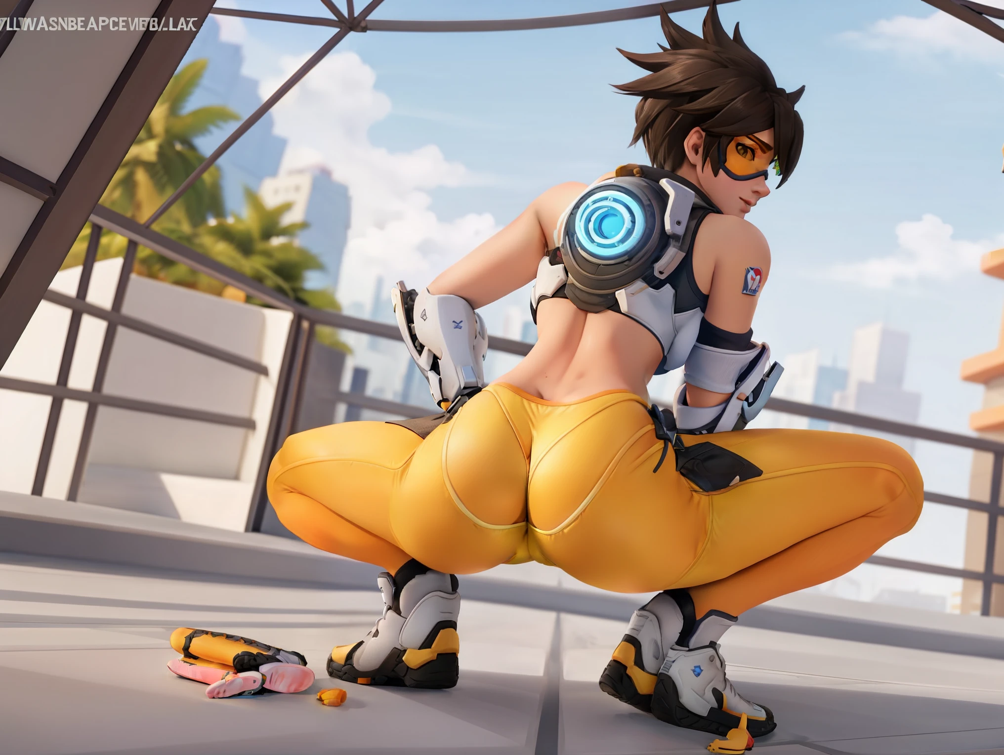 Tracer from overwatch is wearing a slutty bikini and posing for a porn. yellow sneakers, squatting, spread legs, back view, from behind, blushing, small breasts,