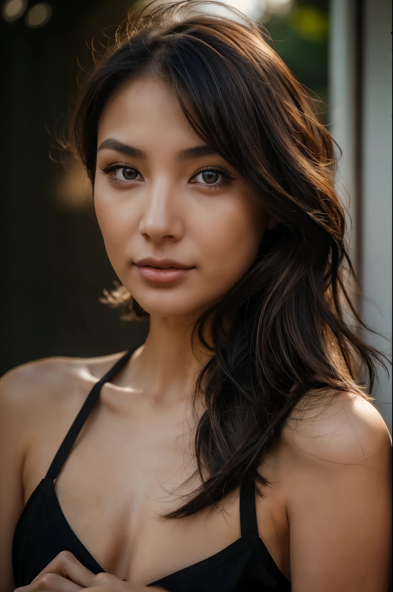 Gesichtsportrait, asiatische Frau, 24 Jahre, lange Haare, (schwarze Haare), ((natural eye color)), ((smooth fine natural skin)), experimentelles Makeup, athletic body, artist, Vintagekleidung, Tageslicht, DSLR Kamera