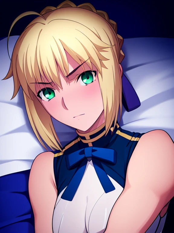 Best_quality, masterpiece, highres, detailed, detailed_background, ray_tracing_graphic, solo, adult_female, {saber_fatestaynightufotable:1.15}, blonde_hair, French_bread, little_ahoge, detailed_green_eyes, blue_ribbon, 1girl, anime_coloring, detailed_face, cool_face, five_fingers, blush, large_breasts, white_latex_tanktop, blue_straps, latex_shorts, from_the_top, lying, bed, dark_room, night_time, looking_at_viewer, oily_skin, sixpack_abs, detailed_skin, detailed_textur