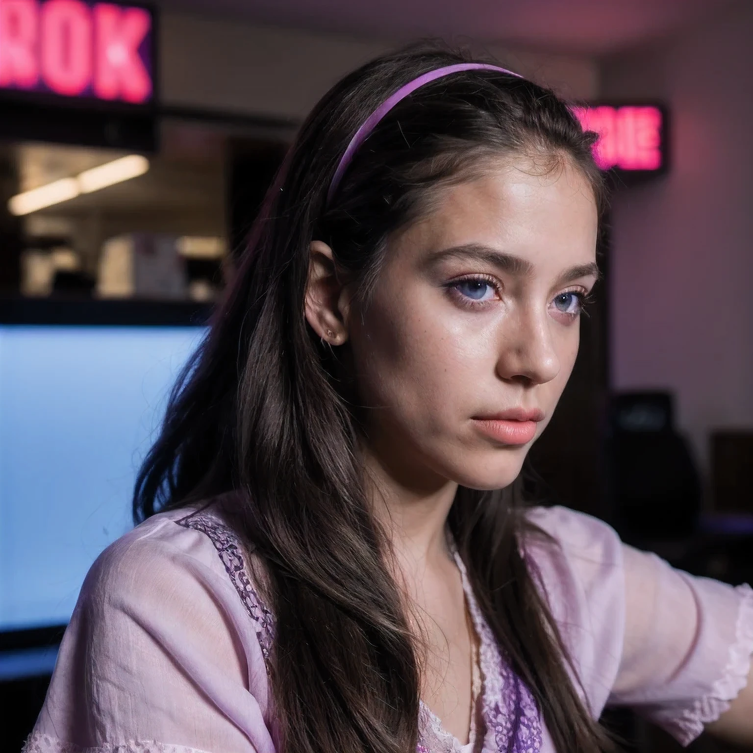 photo of a schoolgirl,, in Purple Pink, futuristic cotton and linen, (freckles:0.8) cute face, sci-fi, dystopian, detailed eyes, cobalt blue eyes((Side view))Disco bar