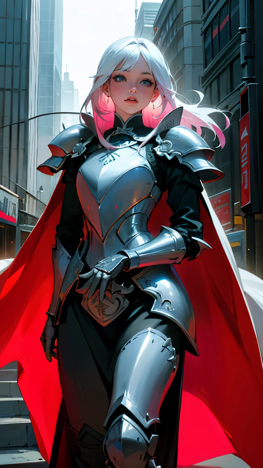 Realistic, High resolution, 1 Female, Glowing Skin, alone, Hip Up, tattoo, jewelry, Pink Lips, Long white hair, blue eyes, Mouth closed, city, Full Armor, Red Armor, armored skirt, Cape,