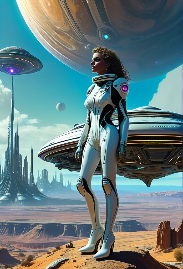 A masterpiece picture of a woman in extraterrestrial suite, gazing at the Saturn, she is on her futuristic cyberpunk Extraterrestrial All Terrain hover Vehicle, with the earthlings colony magnificent City at the valley in a far distance, insanely detailed futuristic scene background, ultra realistic, Don Lawrence style, ultra high resolution, ultra high definition, 8k, RAW, octane render