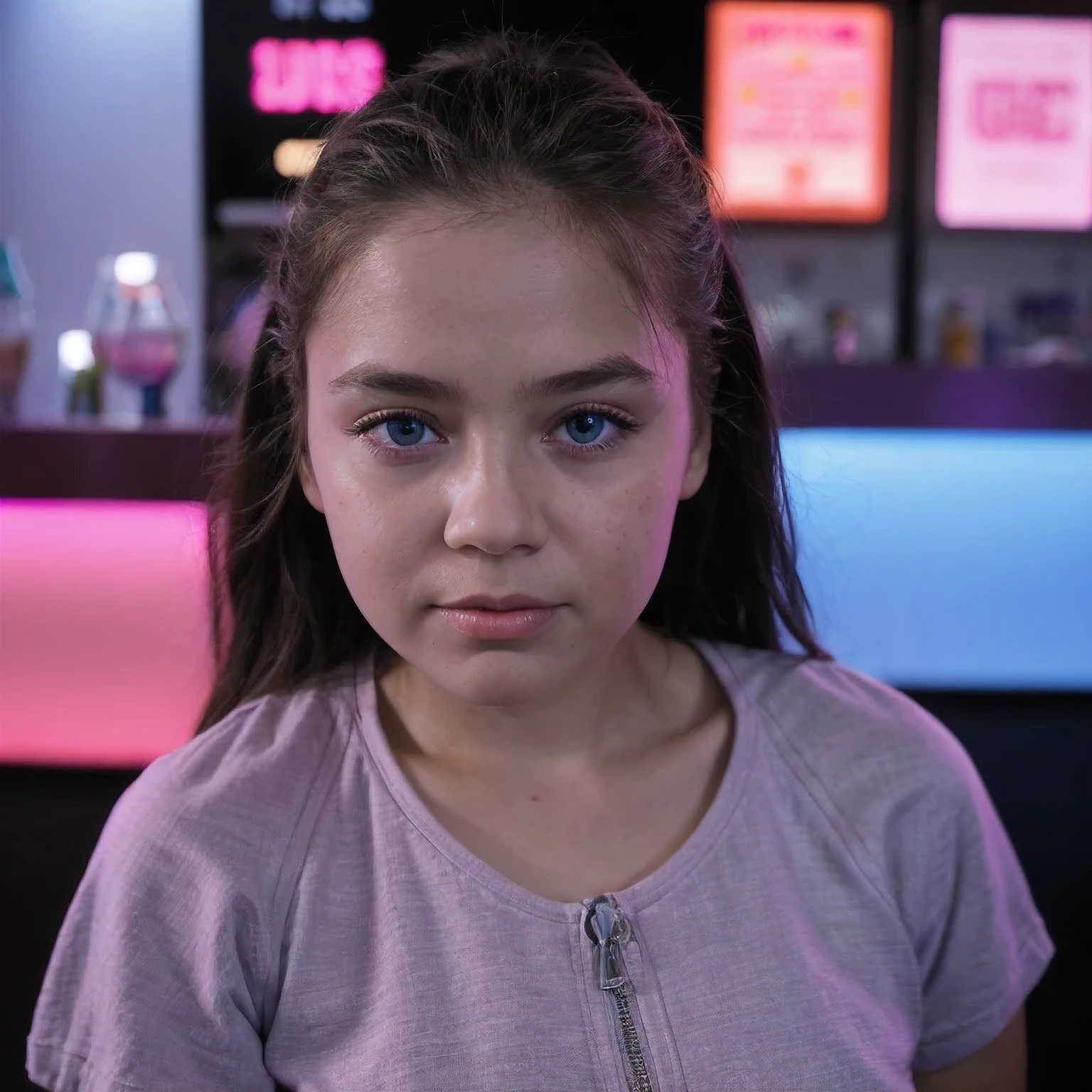 photo of a , in Purple Pink, futuristic cotton and linen, (freckles:0.8) cute face, sci-fi, dystopian, detailed eyes, cobalt blue eyes（（Side view））Disco bar