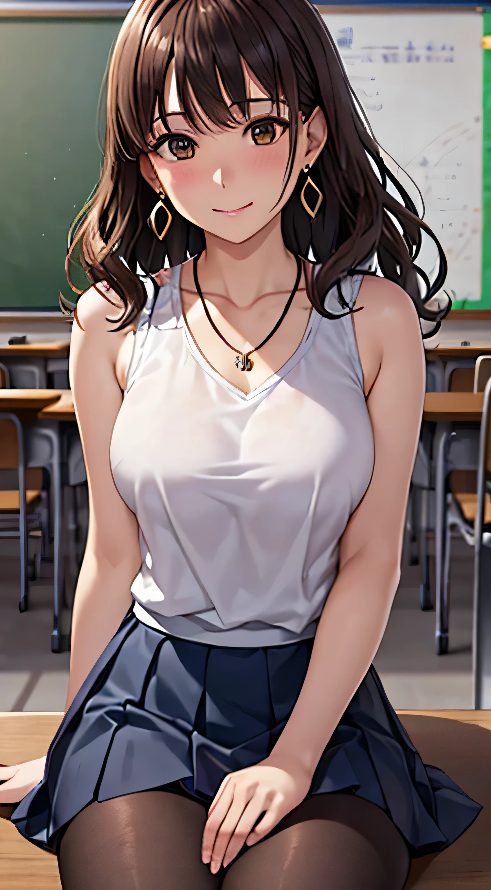 (Tabletop, highest quality, High resolution, , Perfect Pixel, 4K,), 1 girl, single, alone, Beautiful woman、I could see the whole body、 ((Wavy mid-length hair, bangs, Brown Hair)), ((Brown eyes, Beautiful eyelashes, Realistic eyes)), ((Detailed face, blush:1.2)), ((Smooth texture:0.75, Realistic texture:0.65, Realistic:1.1, Anime CG Style)), Medium Chest, Dynamic Angle, Perfect body, female teacher、((, White sleeveless top、Dark Blue Long Pleated Skirt、Black Stockings、Cute Necklace、Earrings、)), look up、A shy smile、Accentuate your breasts、Put your hands behind your back and stick out your chest、Puffy nipples)、Angle from below、classroom、Sitting on the floor、、