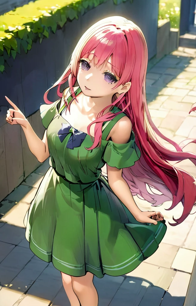 1girl, pink long hair, violet eyes, wearing green dress, red sandals, female , convincing someone, persuading someone pose, pointing finger up, high res, ultrasharp, 8K, masterpiece