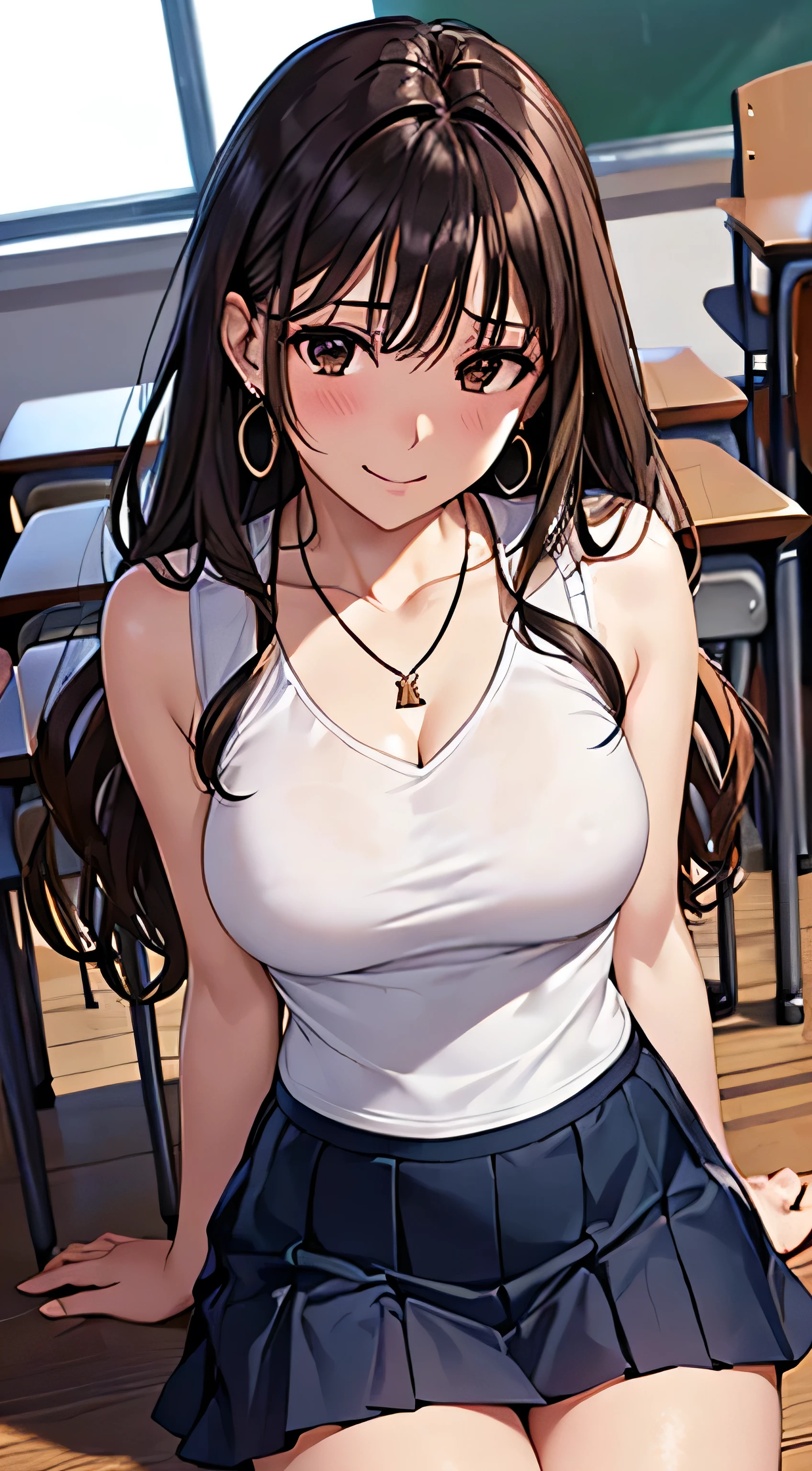 (Tabletop, highest quality, High resolution, , Perfect Pixel, 4K,), 1 girl, single, alone, Beautiful woman、I could see the whole body、 ((Wavy mid-length hair, bangs, Brown Hair)), ((Brown eyes, Beautiful eyelashes, Realistic eyes)), ((Detailed face, blush:1.2)), ((Smooth texture:0.75, Realistic texture:0.65, Realistic:1.1, Anime CG Style)), Medium Chest, Dynamic Angle, Perfect body, female teacher、((, White sleeveless top、Dark Blue Long Pleated Skirt、Black Stockings、Cute Necklace、Earrings、)), look up、A shy smile、Accentuate your breasts、Put your hands behind your back and stick out your chest、Puffy nipples)、Angle from below、classroom、Sitting on the floor、、