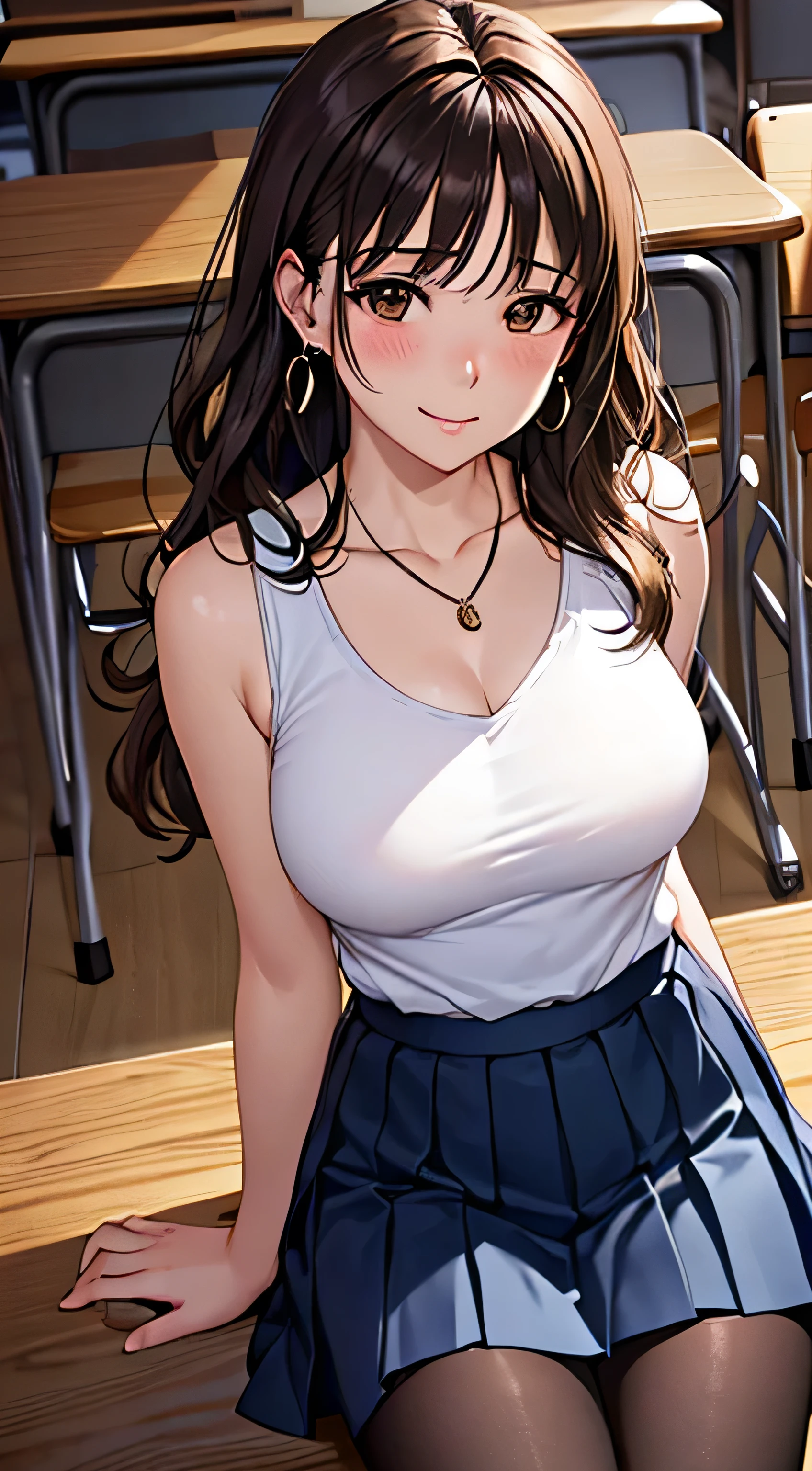 (Tabletop, highest quality, High resolution, , Perfect Pixel, 4K,), 1 girl, single, alone, Beautiful woman、I could see the whole body、 ((Wavy mid-length hair, bangs, Brown Hair)), ((Brown eyes, Beautiful eyelashes, Realistic eyes)), ((Detailed face, blush:1.2)), ((Smooth texture:0.75, Realistic texture:0.65, Realistic:1.1, Anime CG Style)), Medium Chest, Dynamic Angle, Perfect body, female teacher、((, White sleeveless top、Dark Blue Long Pleated Skirt、Black Stockings、Cute Necklace、Earrings、)), look up、A shy smile、Accentuate your breasts、Put your hands behind your back and stick out your chest、Puffy nipples)、Angle from below、classroom、Sitting on the floor、、