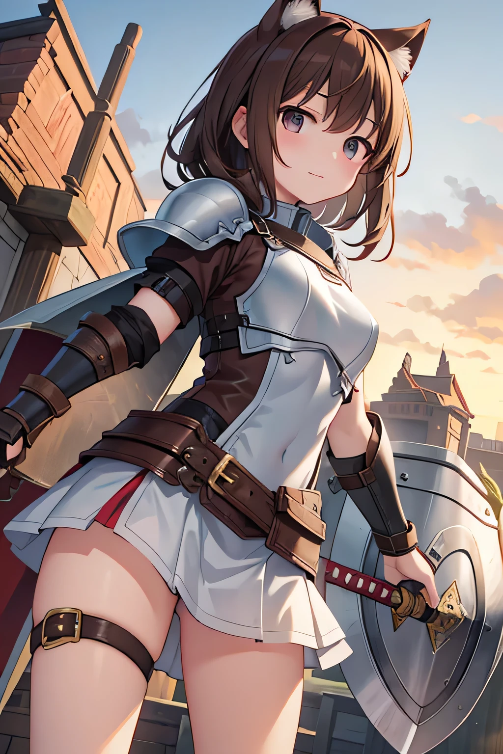 highest quality、Small breasts、Dog ears、Brown hair short、Mischievous、leather armor、Large shield in left hand、Great sword in right hand、Remains