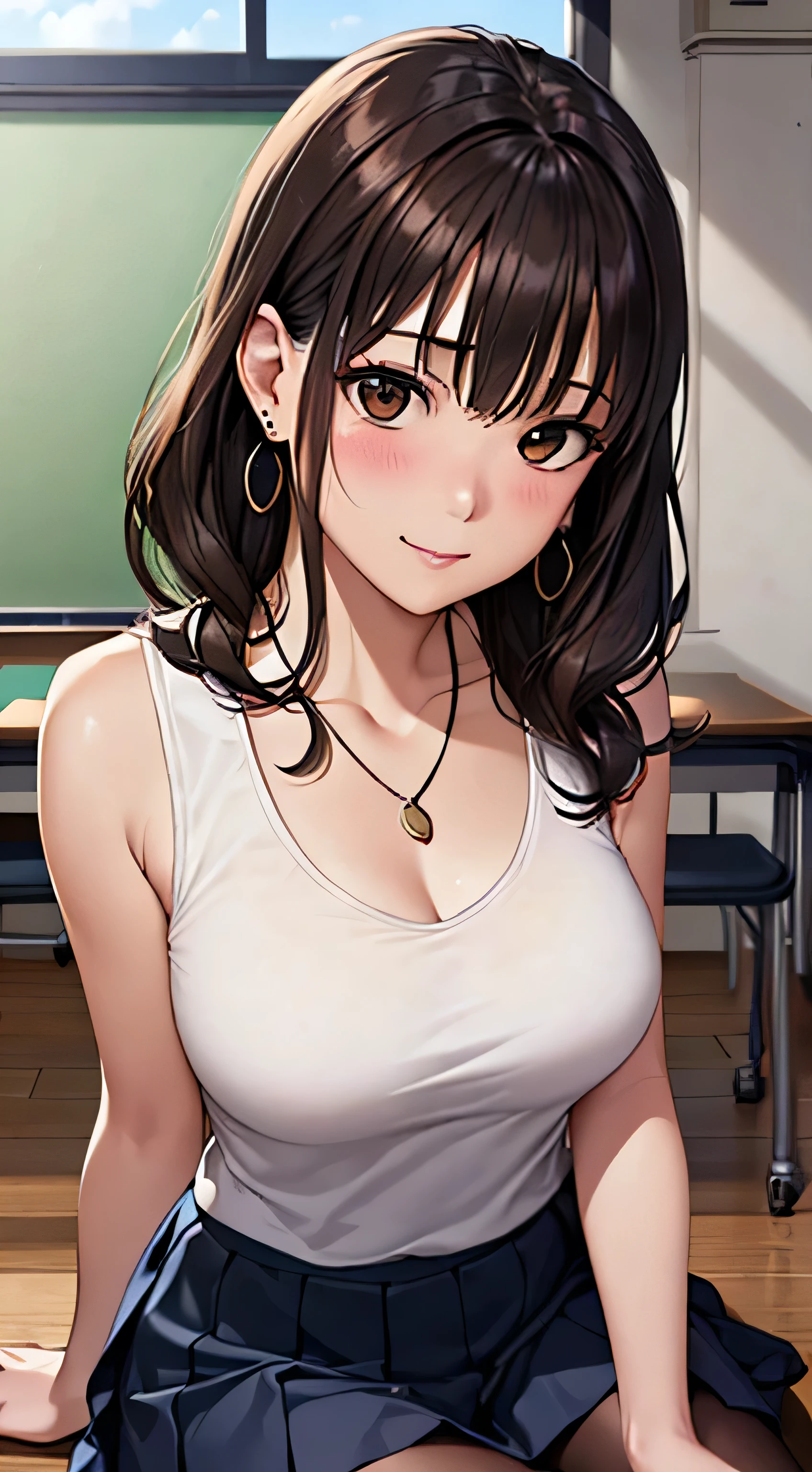 (Tabletop, highest quality, High resolution, , Perfect Pixel, 4K,), 1 girl, single, alone, Beautiful woman、I could see the whole body、 ((Wavy mid-length hair, bangs, Brown Hair)), ((Brown eyes, Beautiful eyelashes, Realistic eyes)), ((Detailed face, blush:1.2)), ((Smooth texture:0.75, Realistic texture:0.65, Realistic:1.1, Anime CG Style)), Medium Chest, Dynamic Angle, Perfect body, female teacher、((, White sleeveless top、Dark Blue Long Pleated Skirt、Black Stockings、Cute Necklace、Earrings、)), look up、A shy smile、Accentuate your breasts、Put your hands behind your back and stick out your chest、)、Angle from below、classroom、Sitting on the floor、、