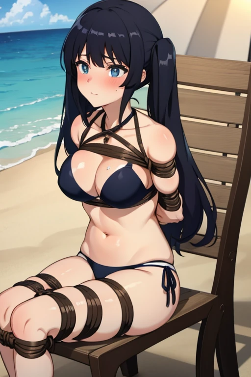 1 girl, detailed eyes, Long black hair, twintails mit schwarzen schleifen, body long hair, hochgesteckte Haare, improvisierter Knebel, Klebebandknebel, GEKNEBELT, Klebeband, festgebunden, Arms behind the back, gefesselte Arme, schwarzer Bikini, blushing, Tape gag, sitting, beach in the background, big , sitting on a beach chair, shibari, bound to the chair with Rope, feet tied to the chair with ropes