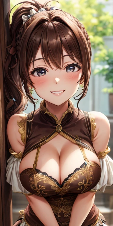 (Best quality:1.3), brown ponytail, large breasts, cleavage, Maiden outfit, smiling, (pov, close shot)