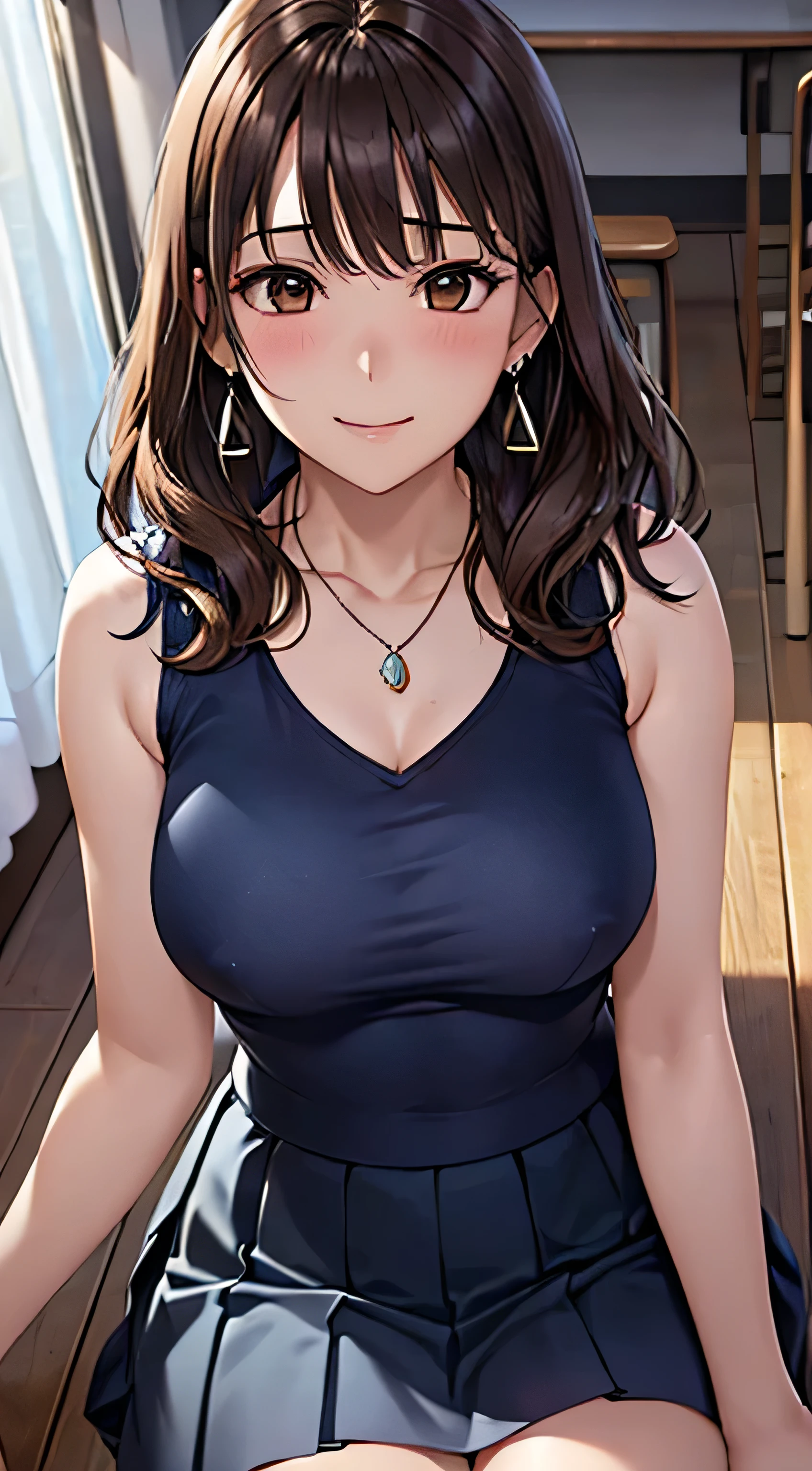 (Tabletop, highest quality, High resolution, , Perfect Pixel, 4K,), 1 girl, single, alone, Beautiful woman、I could see the whole body、 ((Wavy mid-length hair, bangs, Brown Hair)), ((Brown eyes, Beautiful eyelashes, Realistic eyes)), ((Detailed face, blush:1.2)), ((Smooth texture:0.75, Realistic texture:0.65, Realistic:1.1, Anime CG Style)), Medium Chest, Dynamic Angle, Perfect body, female teacher、((, White sleeveless top、Dark Blue Long Pleated Skirt、Black Stockings、Cute Necklace、Earrings、)), look up、A shy smile、Accentuate your breasts、Put your hands behind your back and stick out your chest、Puffy nipples)、Angle from below、classroom、Sitting on the floor、、