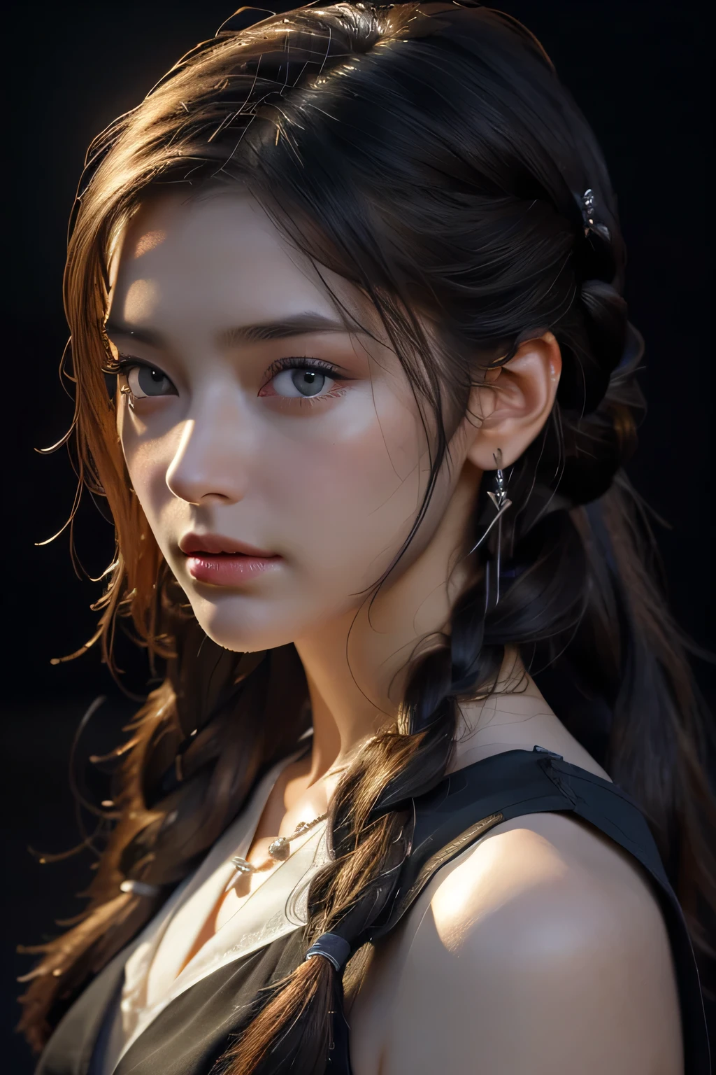 最high quality, masterpiece, High resolution, One woman, 30 years old, Porcelain Dress, hair accessory, necklace, jewelry, Pretty face, On the body, Tyndall effect, Realistic, Shadow Studio, Rim Light, Dual Tone Lighting, (High Definition Skins: 1.2), 8K Ultra HD, Digital SLR, Soft Light, high quality, Volumetric Light, Secretly photographed, photograph, High resolution, 4K, 8k, Background Blur, Dark Antarctic Night、A stunning 30-year-old beauty、(Dark and gloomy light), masterpiece, 最high quality, high quality, High resolution, Braided hair、(Upper body portrait)、