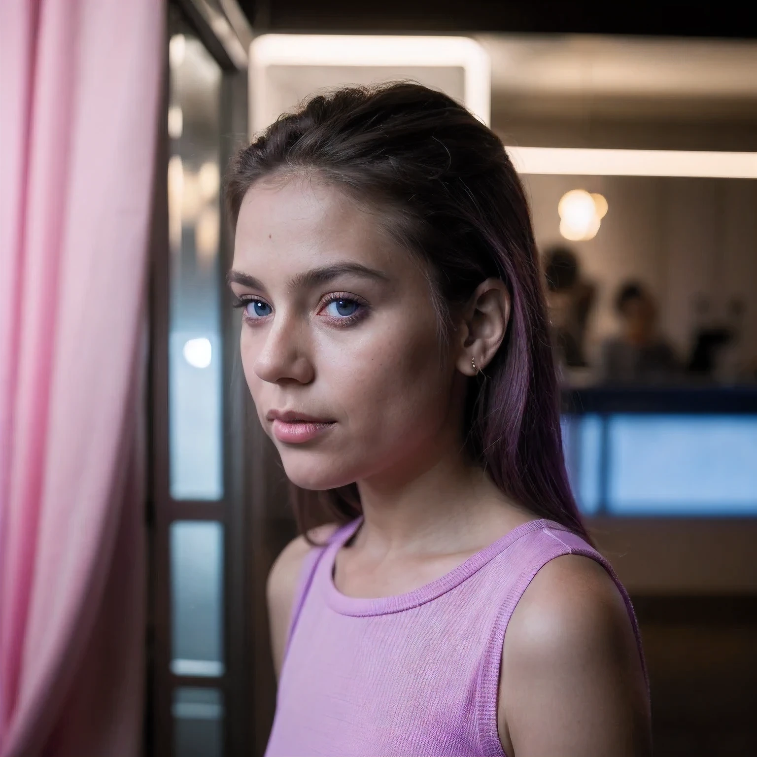 photo of a 4 years old, in Purple Pink, futuristic cotton and linen, (freckles:0.8) cute face, sci-fi, dystopian, detailed eyes, cobalt blue eyes（（Side view））Disco bar