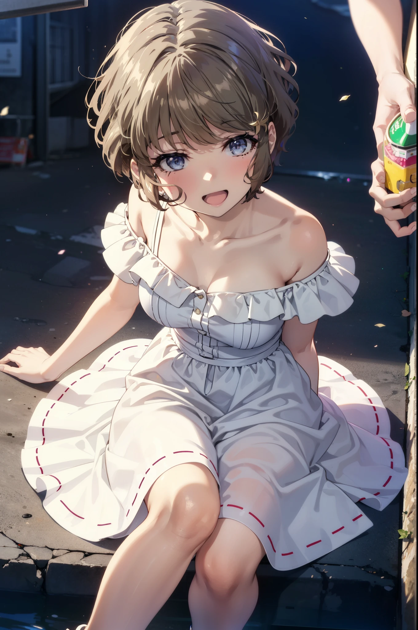 tomoekoga, Chie Koga, short hair, Brown Hair, blue eyes, happy smile, smile, Open your mouth,White hat,Off-the-shoulder dress,bare clavicle,Bare shoulders,Bare neck,Long skirt,Cute heeled sandals,Real Summer,Daytime,sunny,whole bodyがイラストに入るように,crowd, people々々々
break outdoors, city,Coastal Road,
break looking at viewer, whole body, 
break (masterpiece:1.2), highest quality, High resolution, unity 8k wallpaper, (shape:0.8), (Beautiful details:1.6), Highly detailed face, Perfect lighting, Extremely detailed CG, (Perfect hands, Perfect Anatomy),