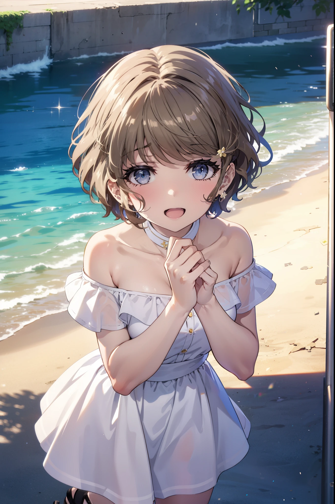 tomoekoga, Chie Koga, short hair, Brown Hair, blue eyes, happy smile, smile, Open your mouth,White hat,Off-the-shoulder dress,bare clavicle,Bare shoulders,Bare neck,Long skirt,Cute heeled sandals,Real Summer,Daytime,sunny,whole bodyがイラストに入るように,crowd, people々々々
break outdoors, city,Coastal Road,
break looking at viewer, whole body, 
break (masterpiece:1.2), highest quality, High resolution, unity 8k wallpaper, (shape:0.8), (Beautiful details:1.6), Highly detailed face, Perfect lighting, Extremely detailed CG, (Perfect hands, Perfect Anatomy),