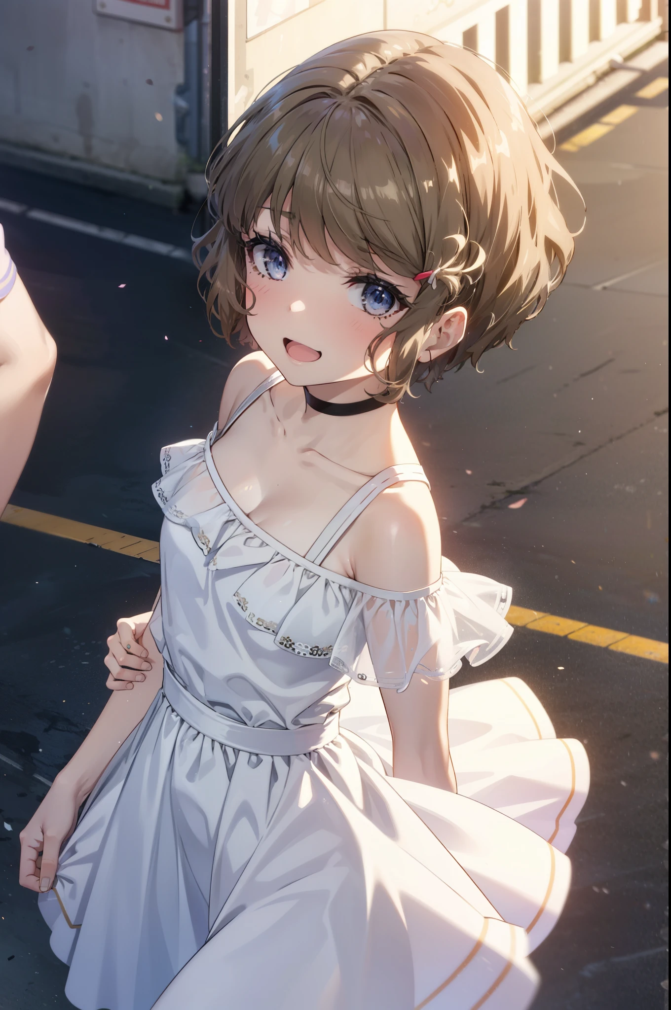 tomoekoga, Chie Koga, short hair, Brown Hair, blue eyes, happy smile, smile, Open your mouth,White hat,Off-the-shoulder dress,bare clavicle,Bare shoulders,Bare neck,Long skirt,Cute heeled sandals,Real Summer,Daytime,sunny,whole bodyがイラストに入るように,crowd, people々々々
break outdoors, city,Coastal Road,
break looking at viewer, whole body, 
break (masterpiece:1.2), highest quality, High resolution, unity 8k wallpaper, (shape:0.8), (Beautiful details:1.6), Highly detailed face, Perfect lighting, Extremely detailed CG, (Perfect hands, Perfect Anatomy),