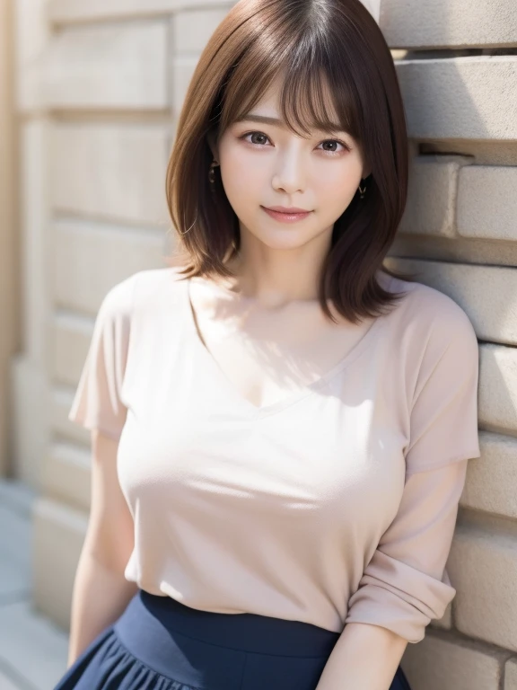 ((masterpiece))、((highest quality))、photograph、reality、high resolution、Very detailed、Married women、40 years old、(Plump body)、Delicate features、short hair、Realistic background and accessories、Big and ample breasts、Sexy smile、Street Corner、Stand leaning against the wall、Tight knit skirt、Deep V Neck Shirt、Deep Shadow、Wide-angle、evening、