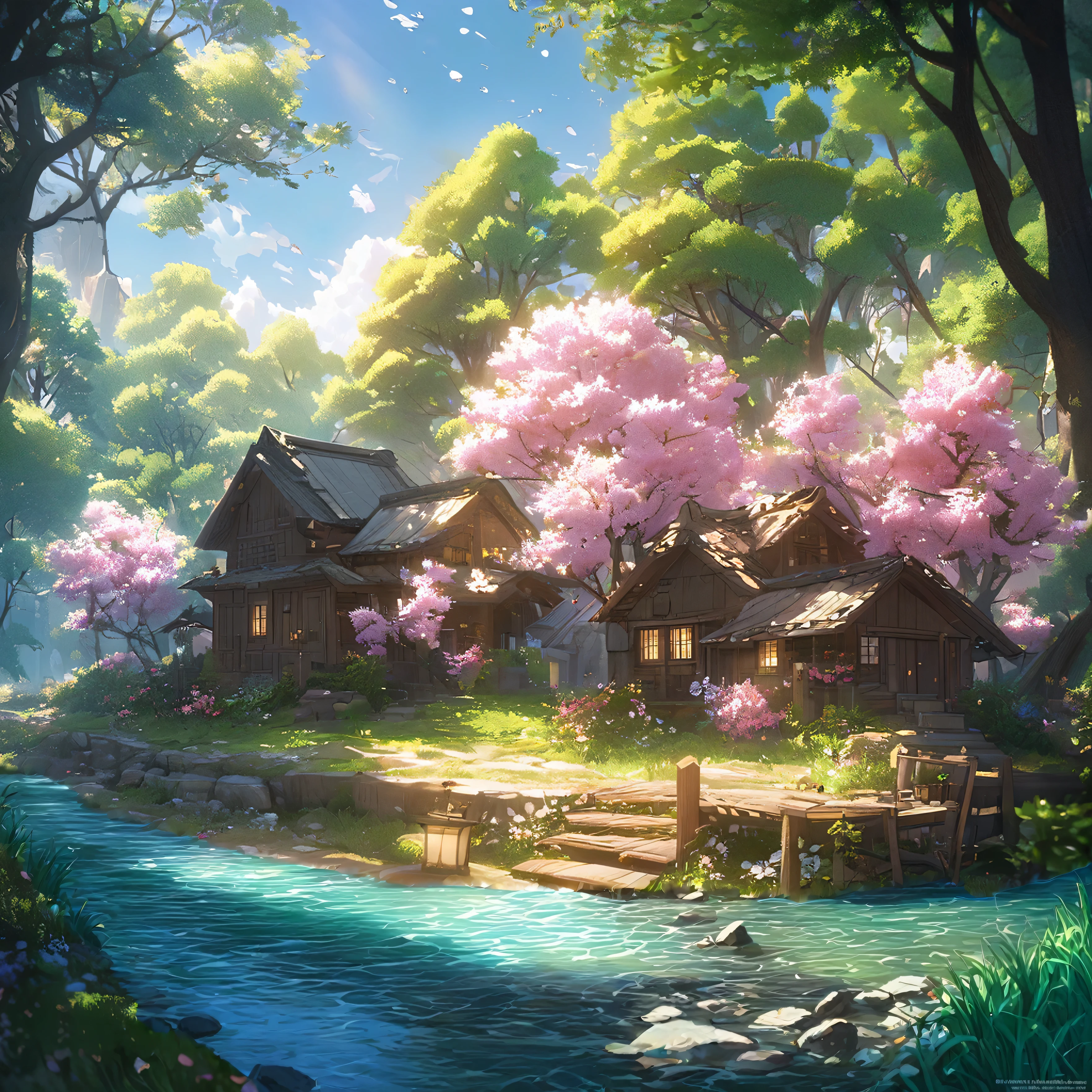 The path turns into clear river water，Same style as original image，Anime style