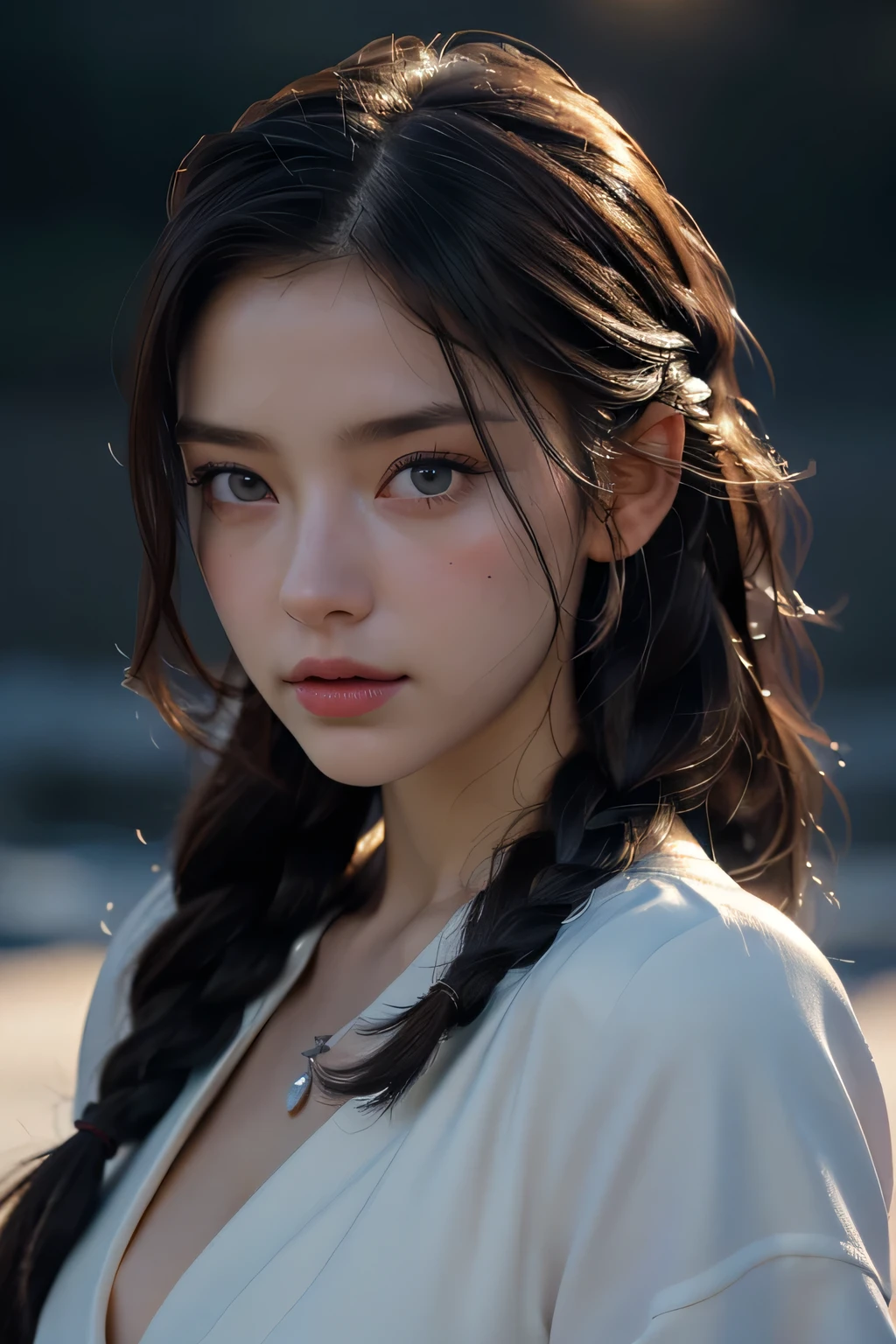 最high quality, masterpiece, High resolution, One woman, 30 years old, Porcelain Dress, hair accessory, necklace, jewelry, Pretty face, On the body, Tyndall effect, Realistic, Shadow Studio, Rim Light, Dual Tone Lighting, (High Definition Skins: 1.2), 8K Ultra HD, Digital SLR, Soft Light, high quality, Volumetric Light, Secretly photographed, photograph, High resolution, 4K, 8k, Background Blur, Dark Antarctic Night、A stunning 30-year-old beauty、(Dark and gloomy light), masterpiece, 最high quality, high quality, High resolution, Braided hair、(Upper body portrait)、